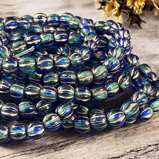 Two Tone Blue and Gold Large Hole Czech Beads, 6mm Round Druk Melon, Czech Glass Beads - Aqua, Sapphire and Gold (BH6/N-064) * Qty 25