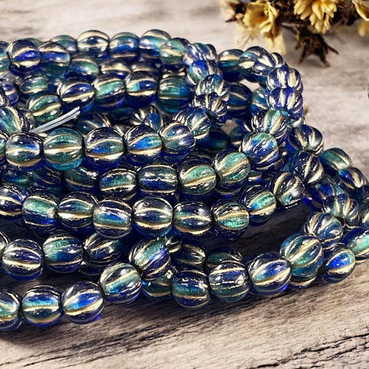 Czech Beads - 6mm Large Hole Melon, Aqua, Sapphire with Gold Wash (BH6/N-064) * 25 Beads