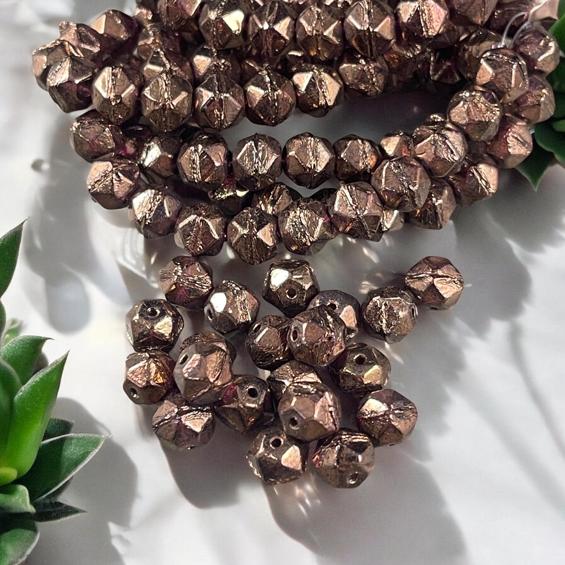 Czech Glass Beads - 8mm English Cut, Brown Metallic Faceted Cube Beads, Purple with Bronze Metallic (EC/N-0661) * Qty. 20