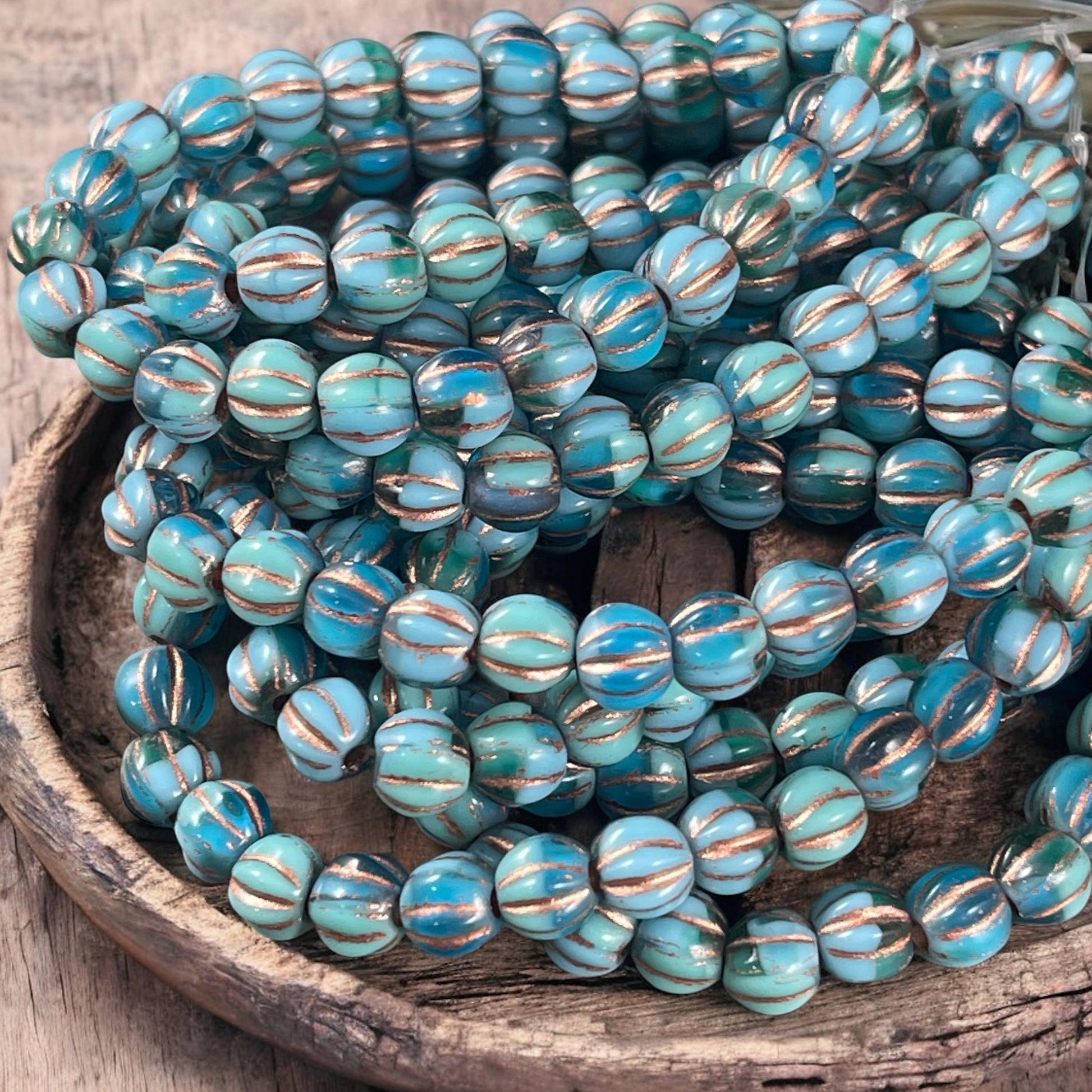 Czech Glass Beads - 6mm Blue Large Hole Beads, Czech Melon Beads (BH6/N-066) * Qty. 25