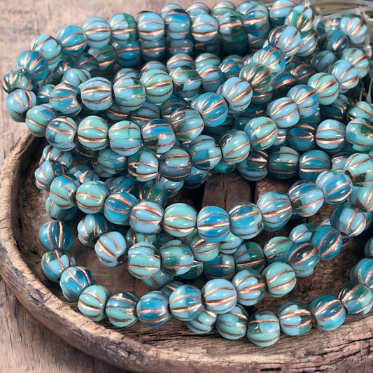 Czech Glass Beads - 6mm Blue Large Hole Beads, Czech Melon Beads (BH6/N-066) * Qty. 25