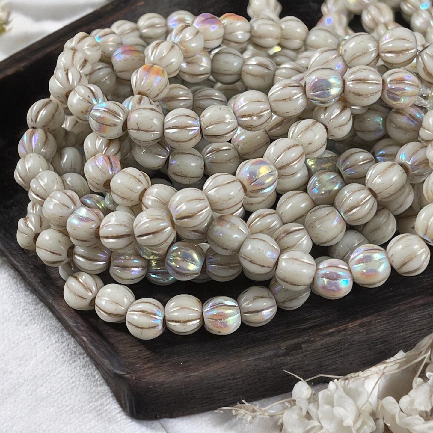 Czech Glass Beads - 6mm Large Hole Melon - Beige Glass with Rainbow AB Finish and Metallic Beige Wash (BH6/N-145) * Qty. 25