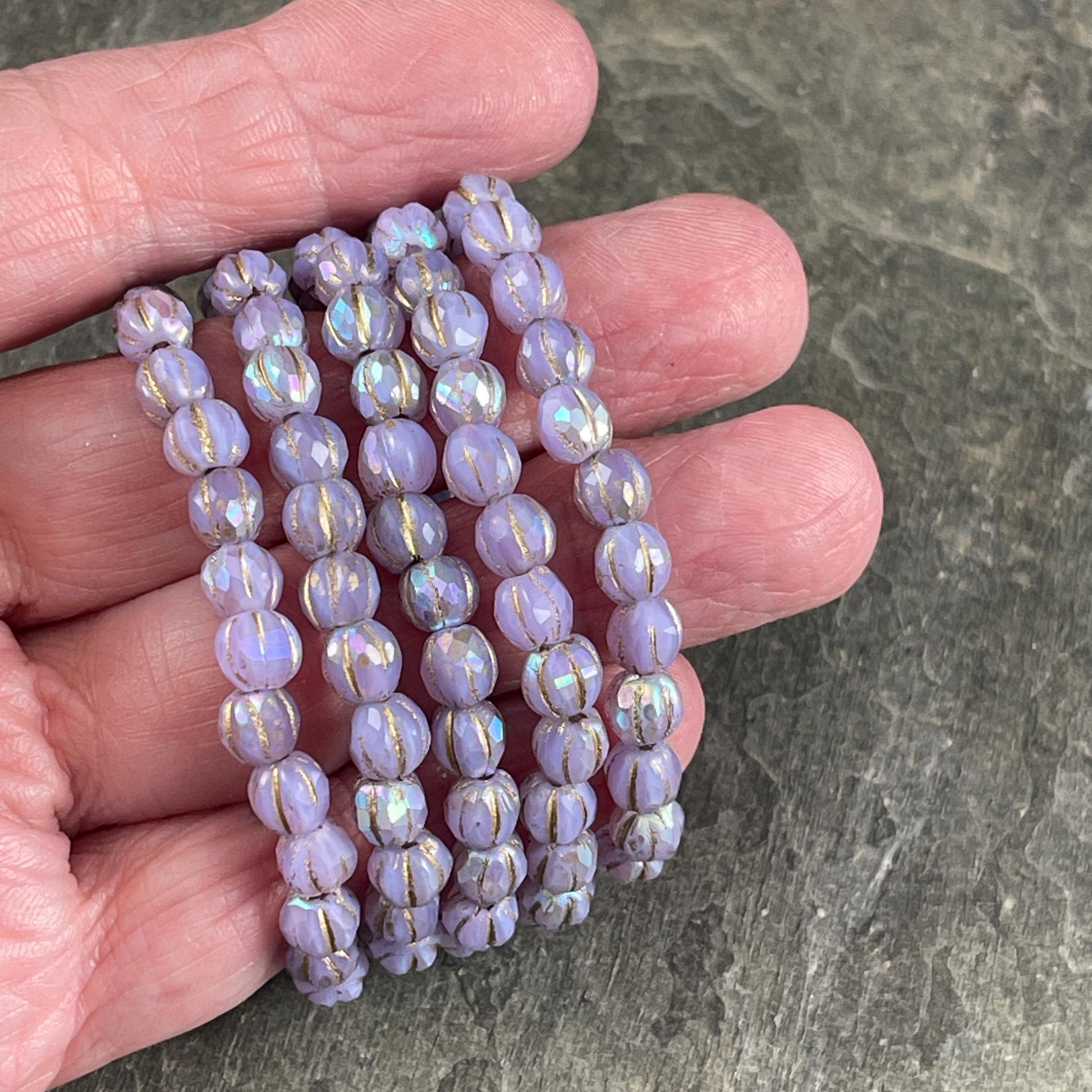 Czech Glass Beads - 6mm Pastel Purple Faceted Melon Shape Beads, Thistle with AB and Gold Wash (FM6/N-0247) * 25 beads