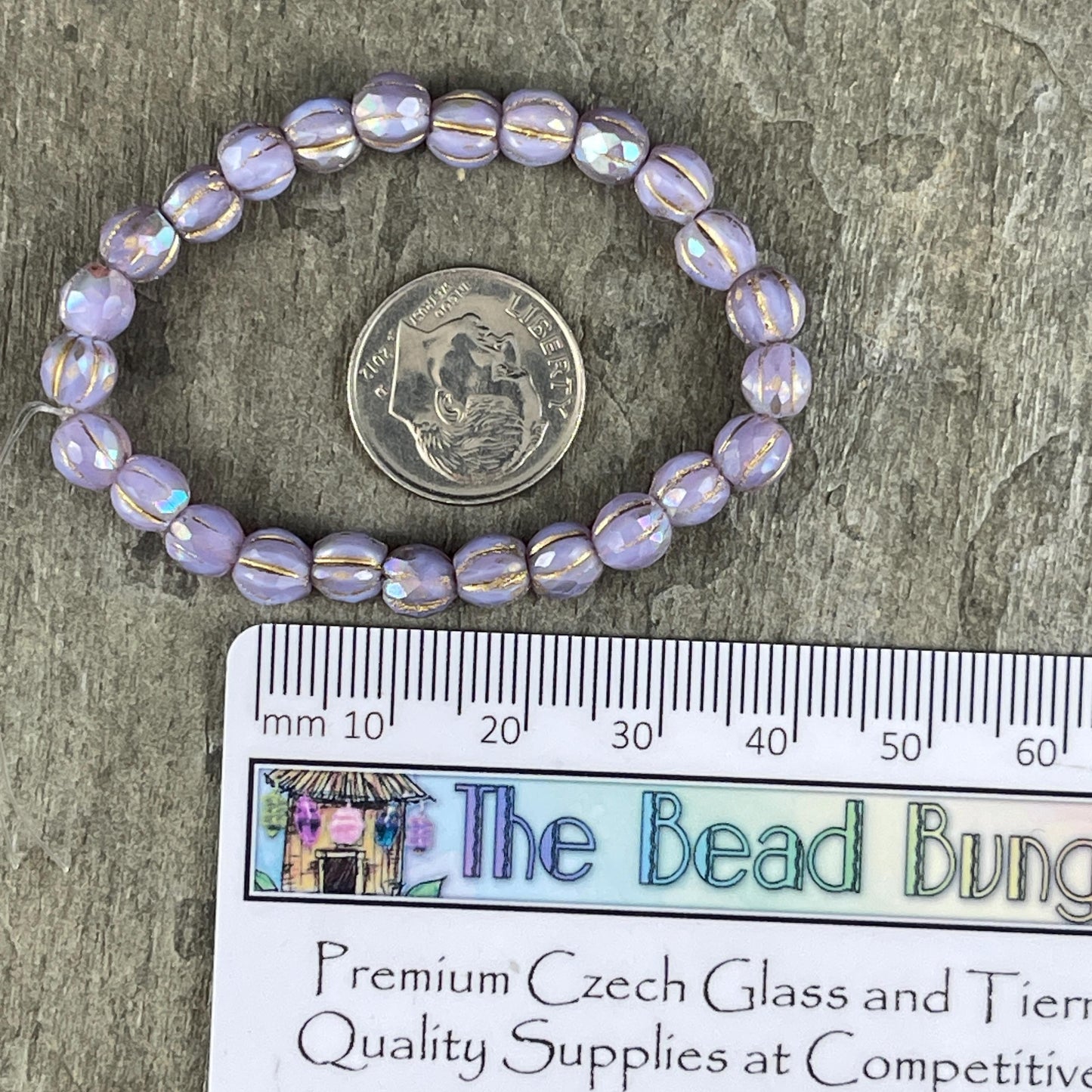 Czech Glass Beads - 6mm Pastel Purple Faceted Melon Shape Beads, Thistle with AB and Gold Wash (FM6/N-0247) * 25 beads