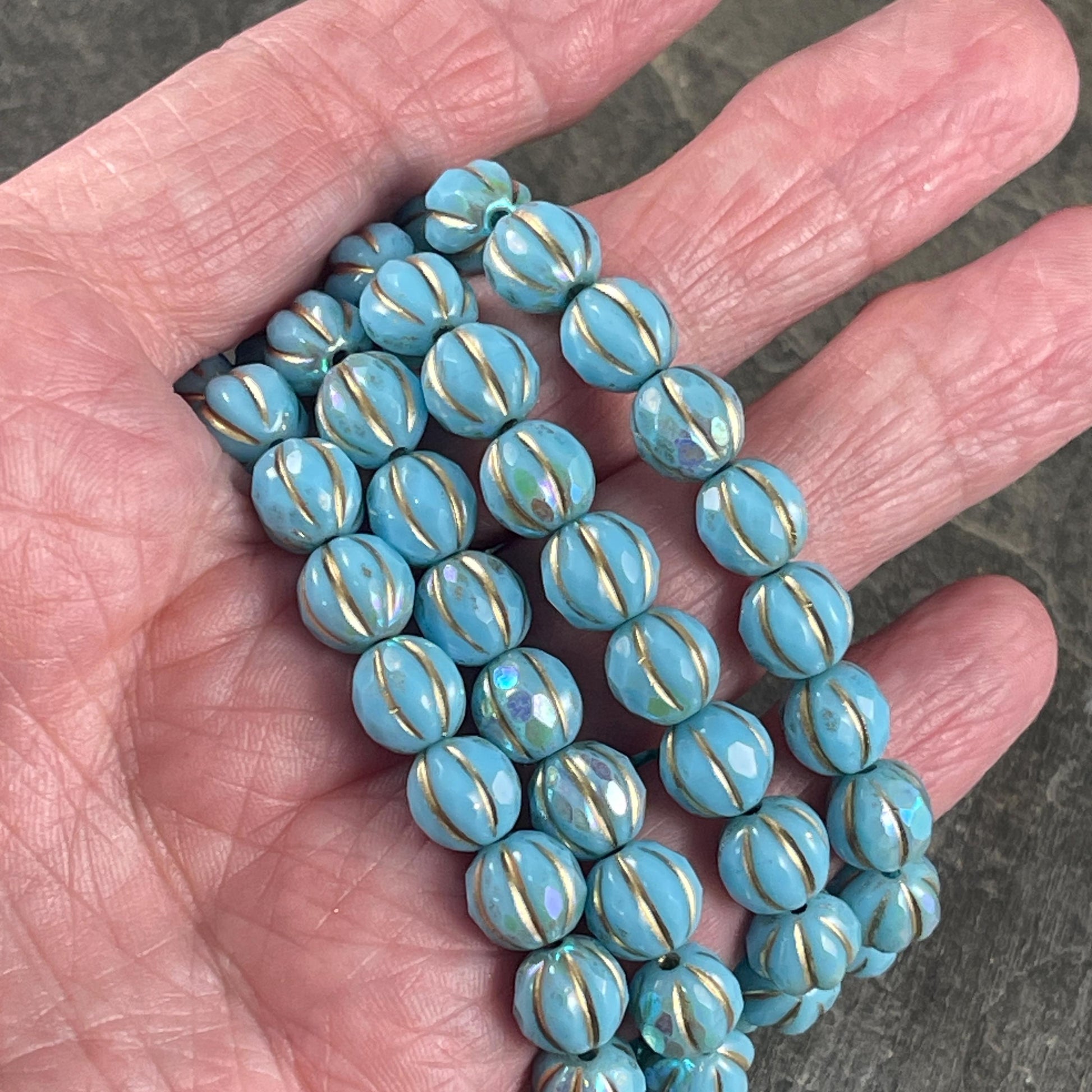 Czech Glass Beads - Light Blue and Gold with AB Finish, 8mm Faceted Melon Shape Beads (8FM/N-1785) * Qty. 10