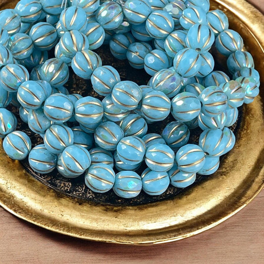 Czech Glass Beads - Light Blue and Gold with AB Finish, 8mm Faceted Melon Shape Beads (8FM/N-1785) * Qty. 10