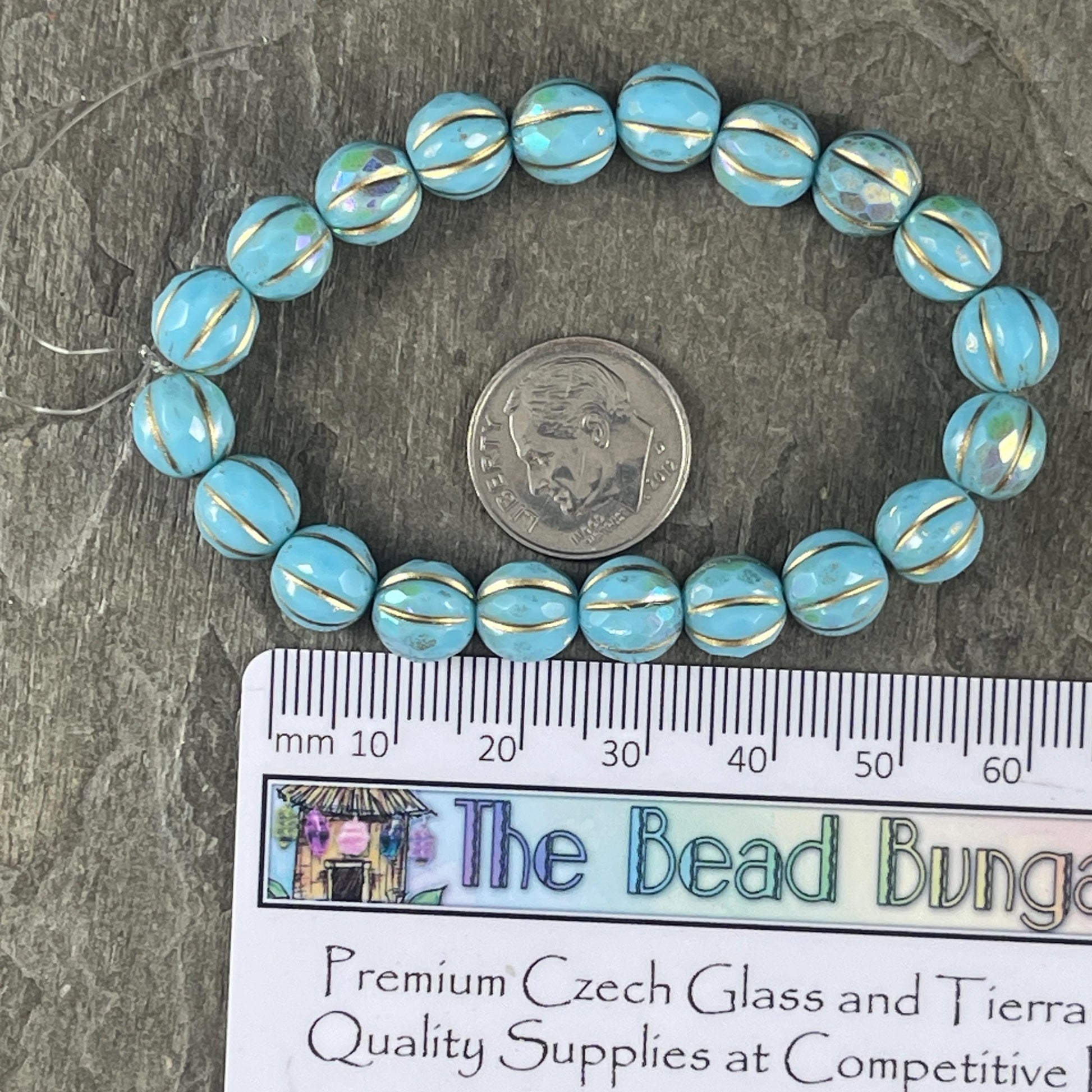 Czech Glass Beads - Light Blue and Gold with AB Finish, 8mm Faceted Melon Shape Beads (8FM/N-1785) * Qty. 10