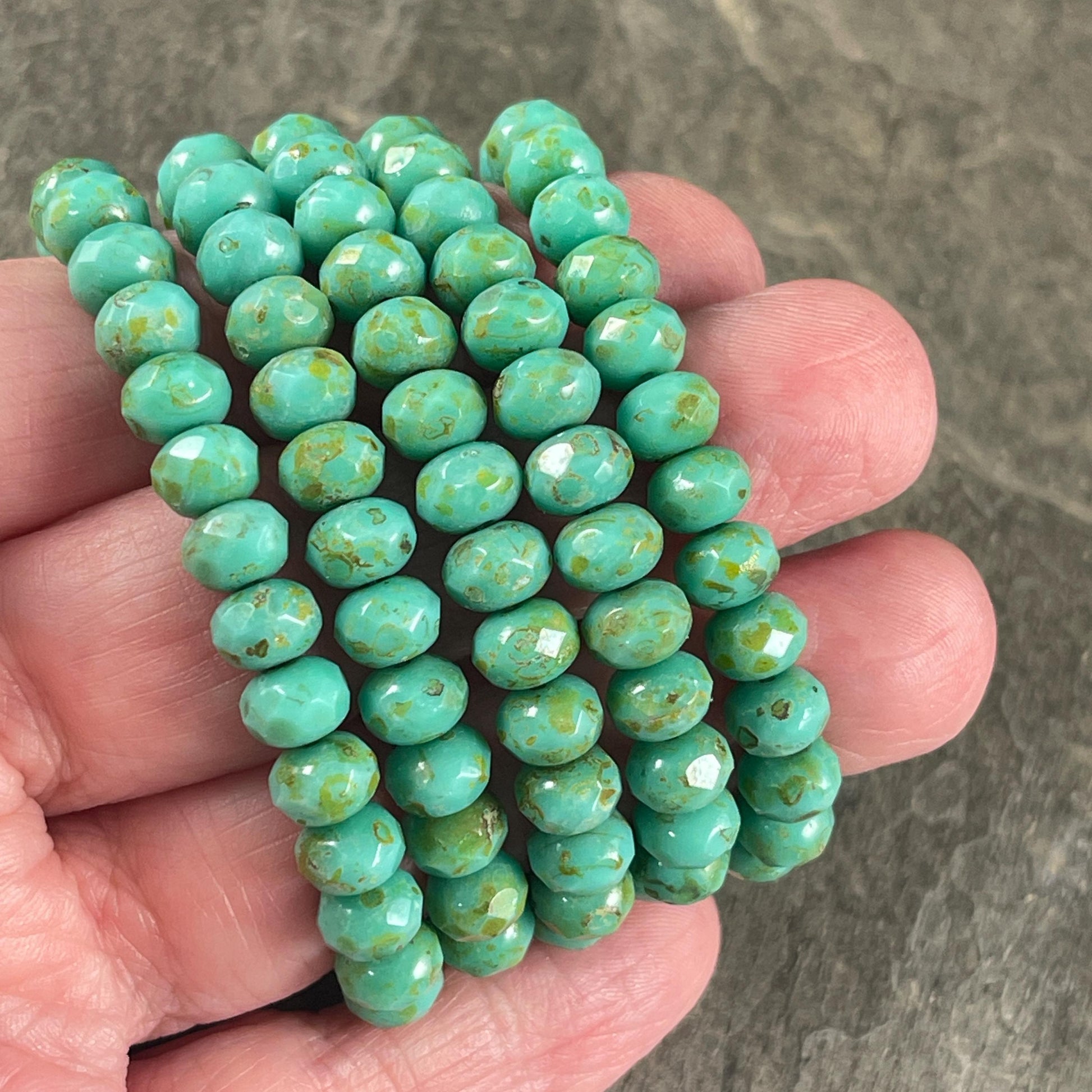 Czech Glass Beads - 7x5mm Faceted Rondelle, Turquoise Green Picasso (R7/N-0743B) * 25 Beads