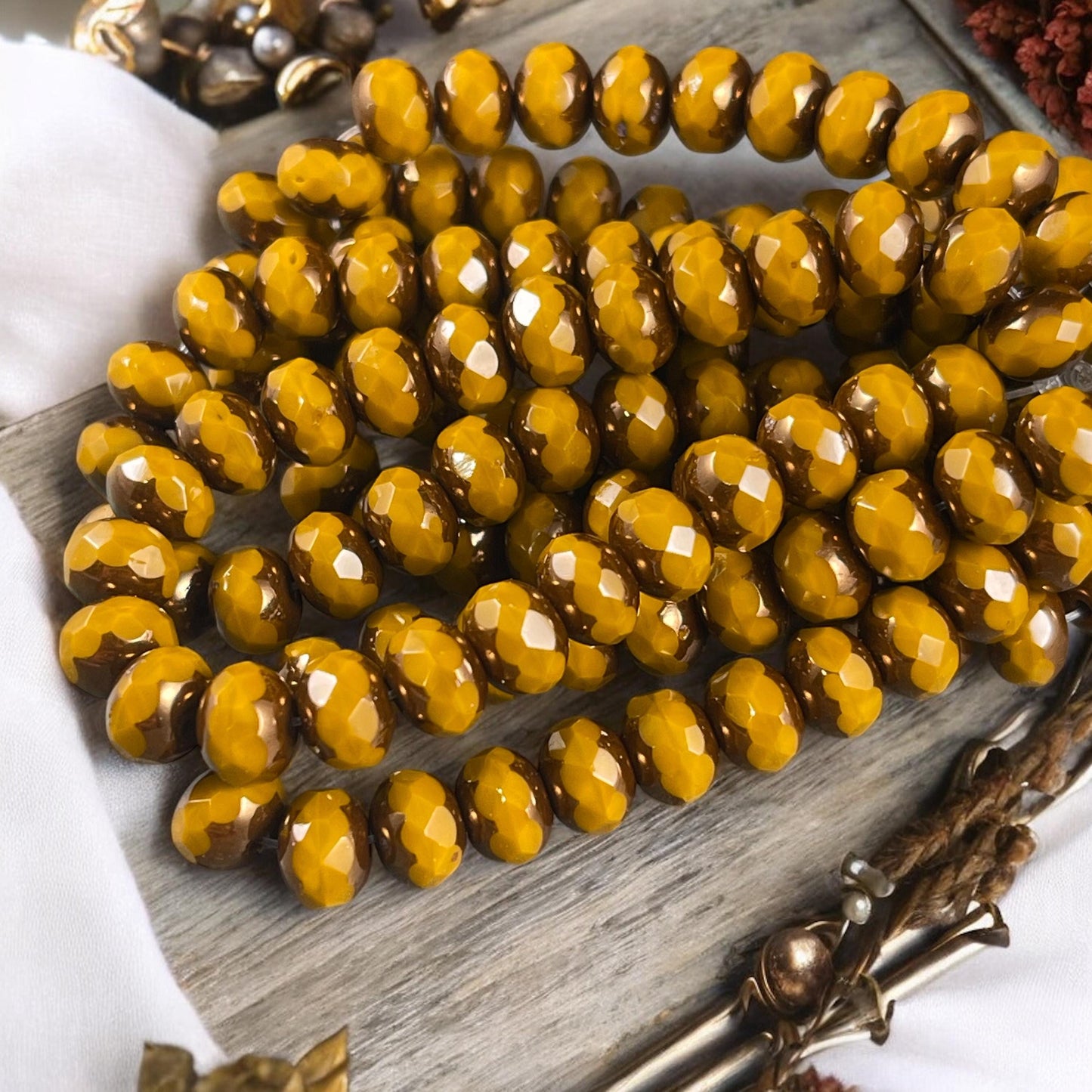 Czech Glass Beads - Mustard Yellow with Bronze Picasso, 5x7mm Faceted Rondelle (R7/N-1154) * Qty. 25
