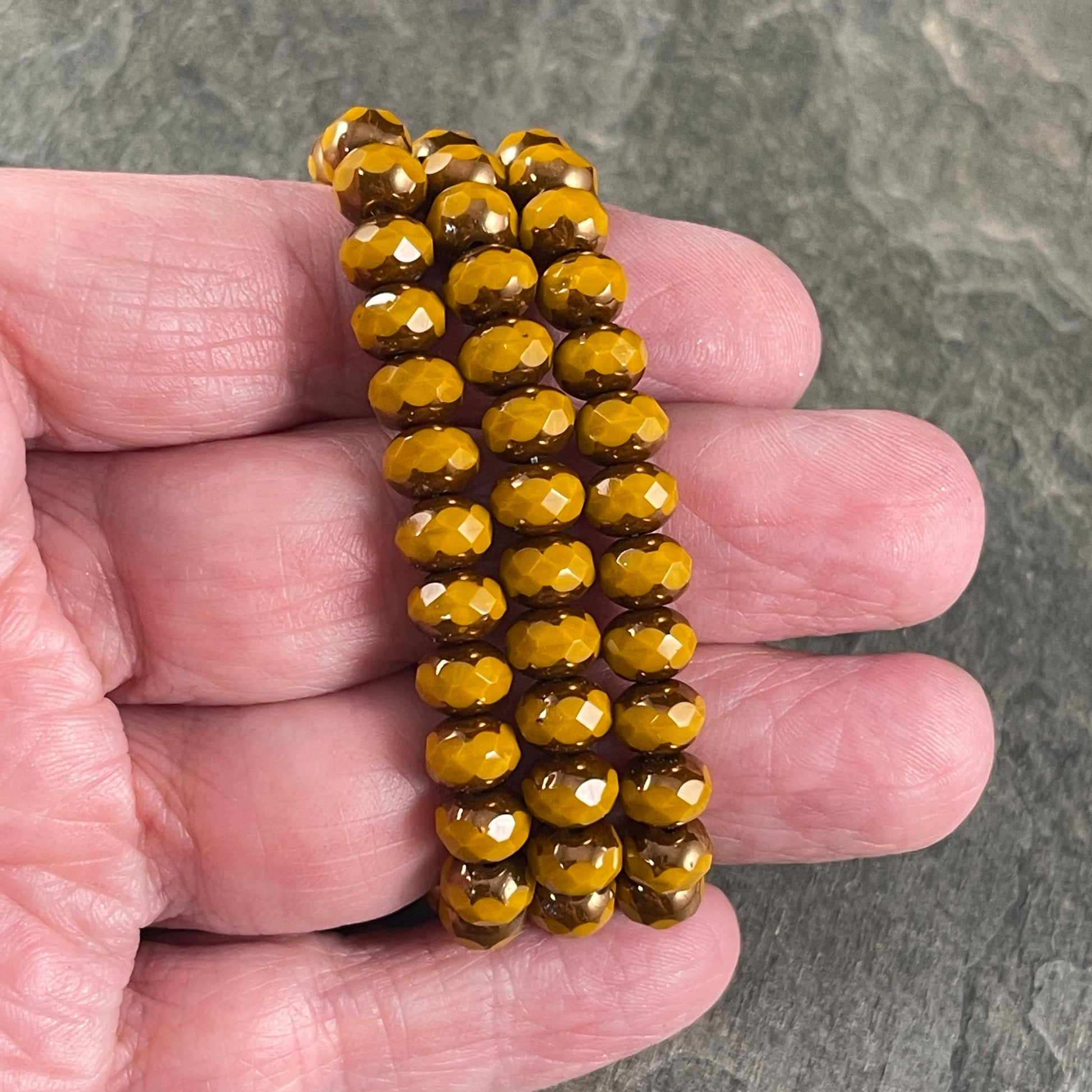 Czech Glass Beads - Mustard Yellow with Bronze Picasso, 5x7mm Faceted Rondelle (R7/N-1154) * Qty. 25