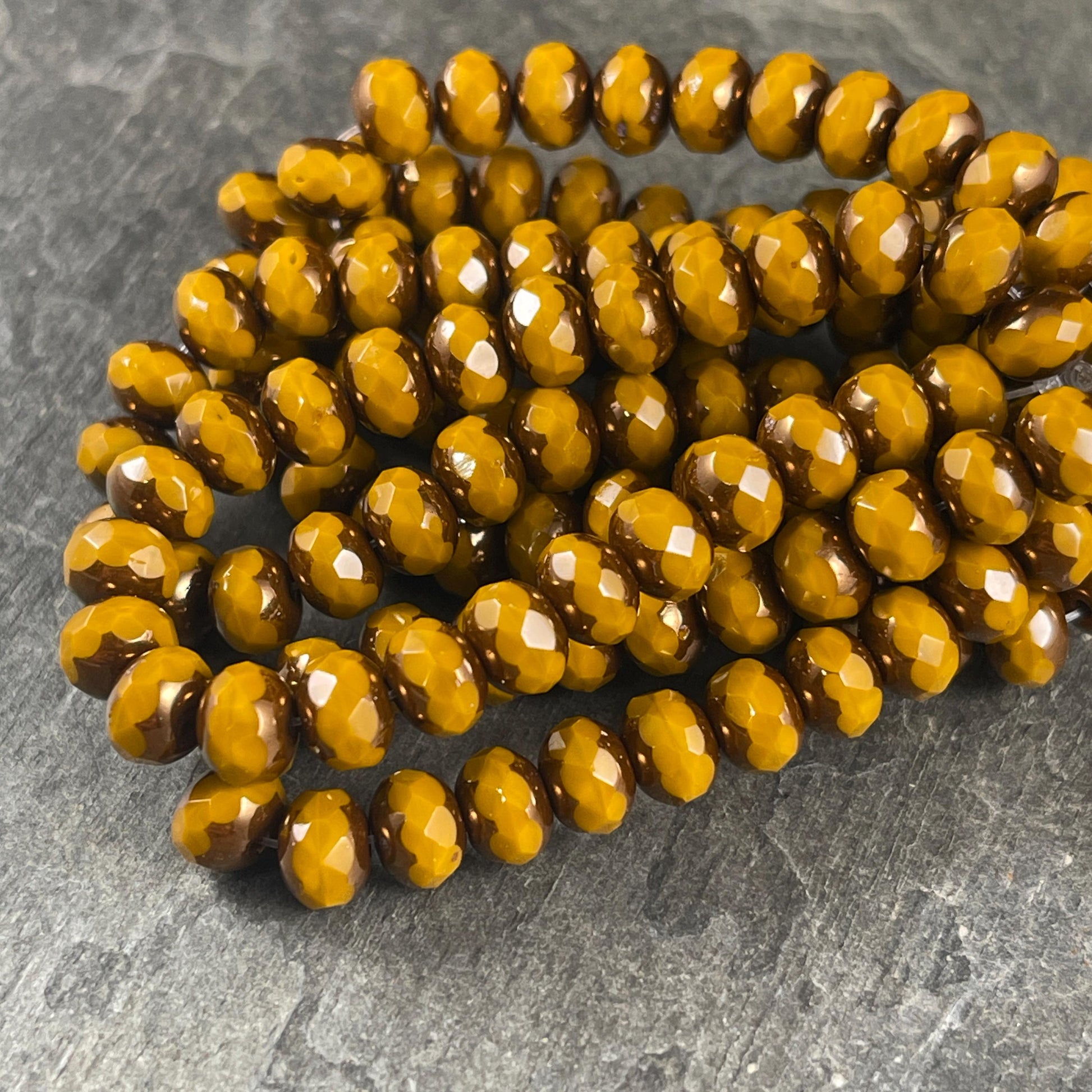Czech Glass Beads - Mustard Yellow with Bronze Picasso, 5x7mm Faceted Rondelle (R7/N-1154) * Qty. 25