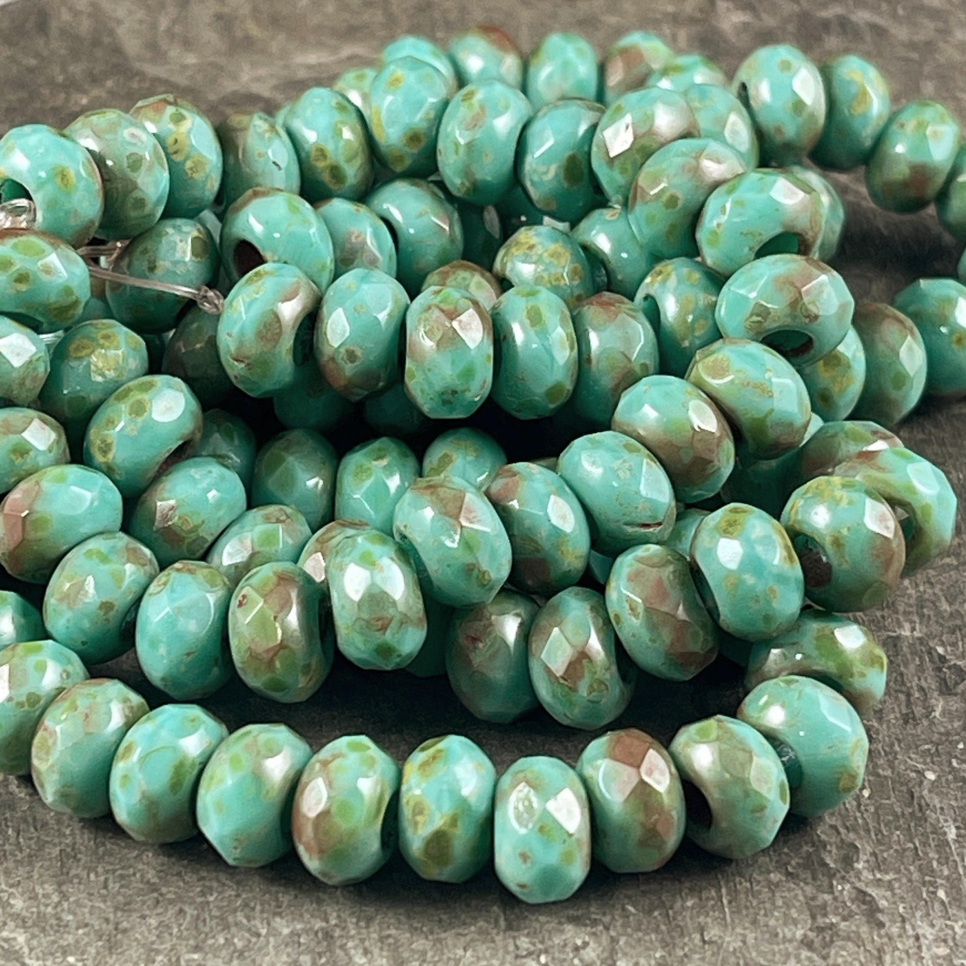 Czech Glass Beads - 9x6mm Large Hole Rondelles, Tea Green, Turquoise Picasso Beads (ROL/N-0634B) * Qty. 12