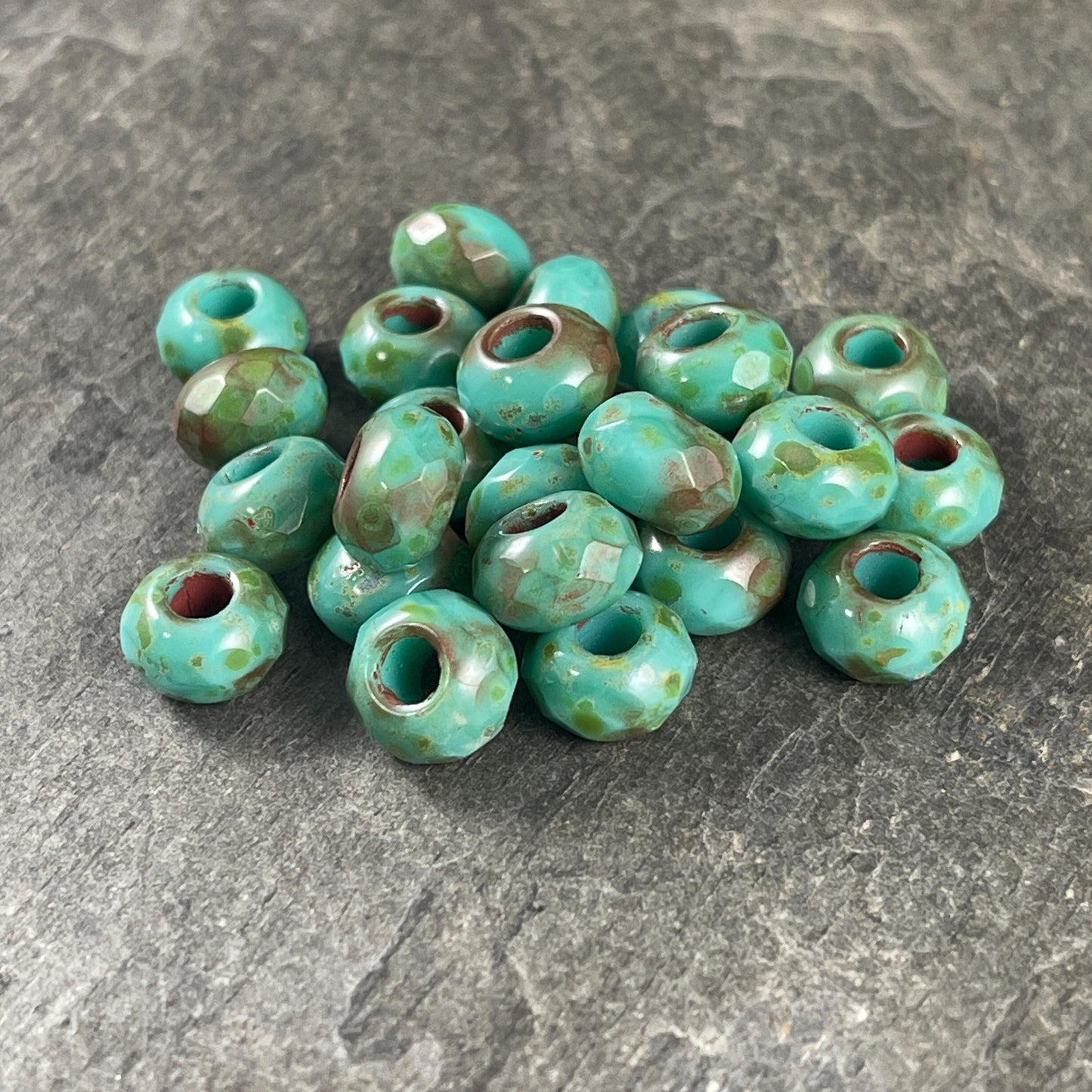 Czech Glass Beads - 9x6mm Large Hole Rondelles, Tea Green, Turquoise Picasso Beads (ROL/N-0634B) * Qty. 12