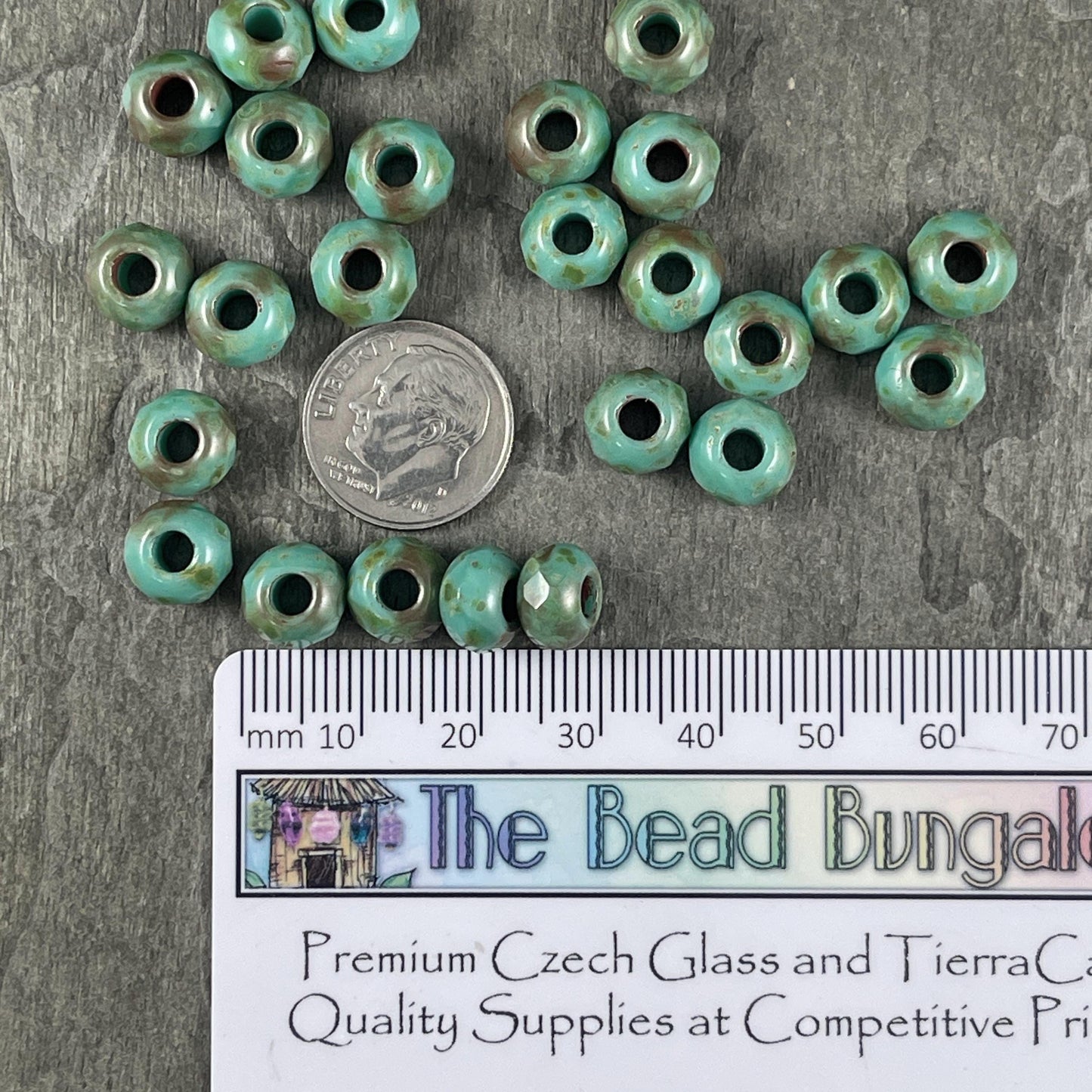 Czech Glass Beads - 9x6mm Large Hole Rondelles, Tea Green, Turquoise Picasso Beads (ROL/N-0634B) * Qty. 12