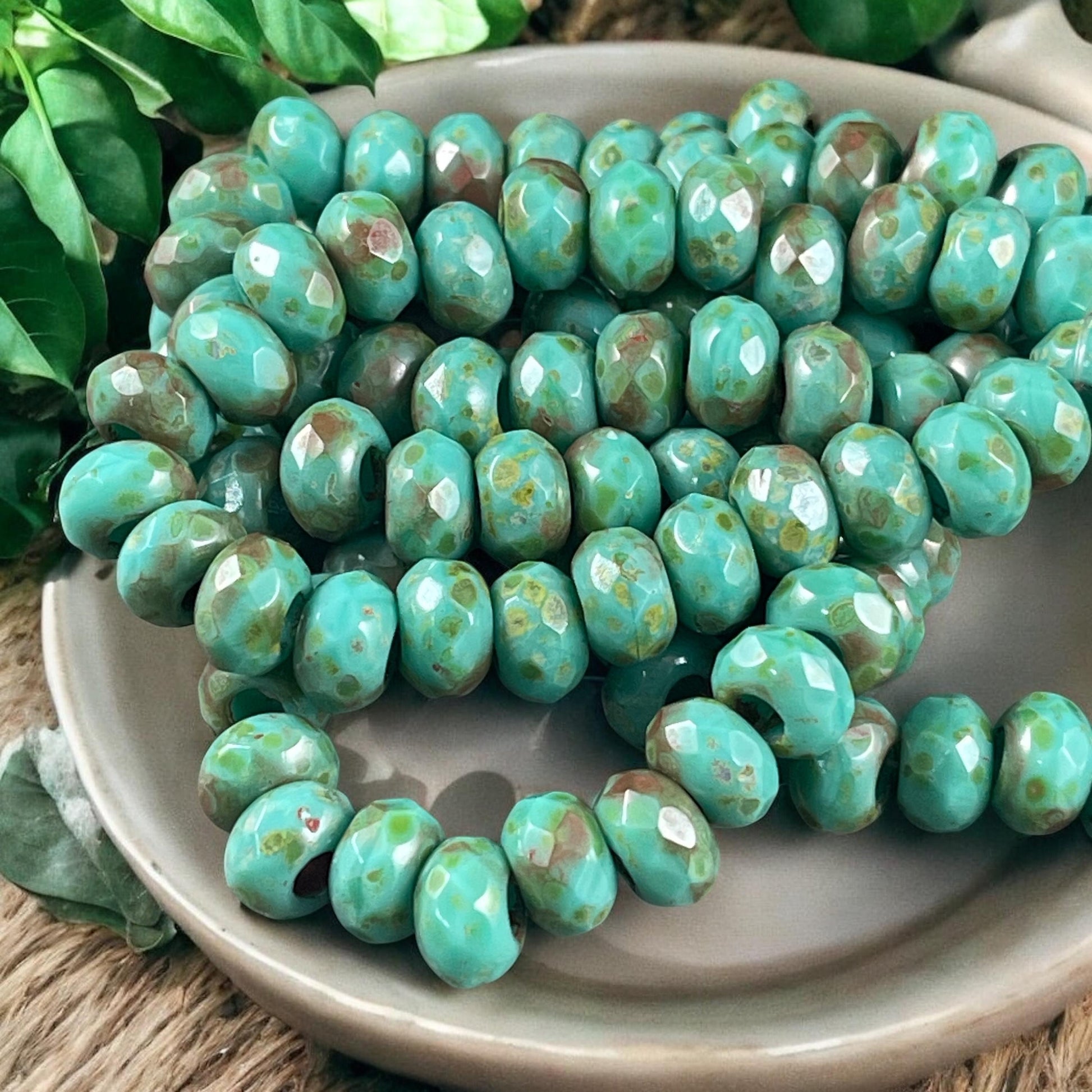 Czech Glass Beads - 9x6mm Large Hole Rondelles, Tea Green, Turquoise Picasso Beads (ROL/N-0634B) * Qty. 12