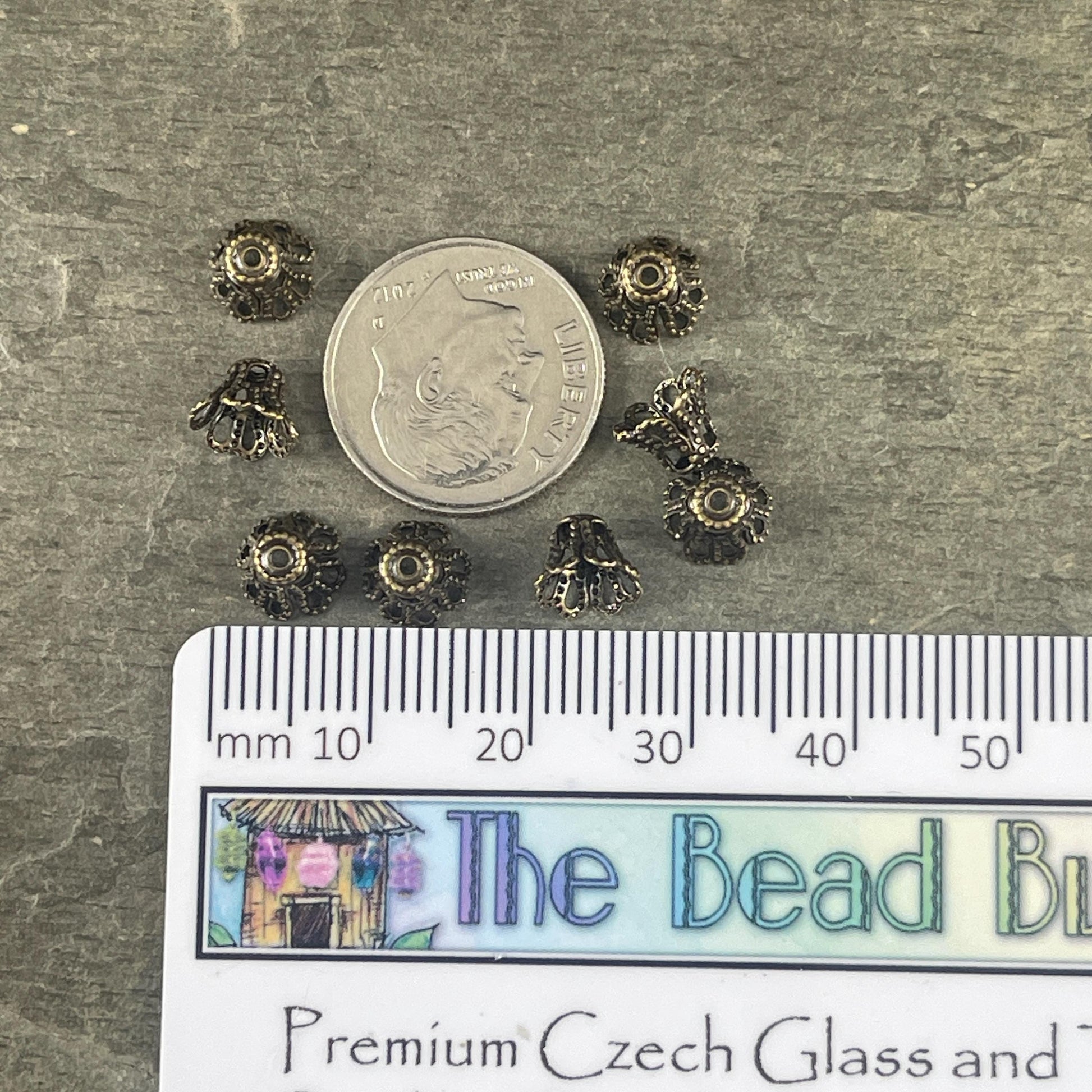 Filigree Bell Shape Bead Caps - 7x5mm Antiqued Brass Flaired Bead Caps (VJS-E96) * Qty. 12