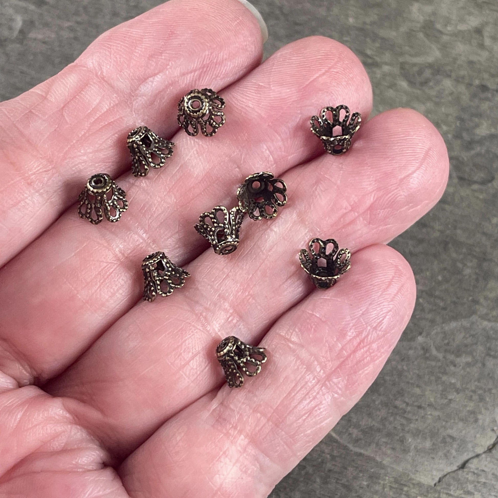 Filigree Bell Shape Bead Caps - 7x5mm Antiqued Brass Flaired Bead Caps (VJS-E96) * Qty. 12