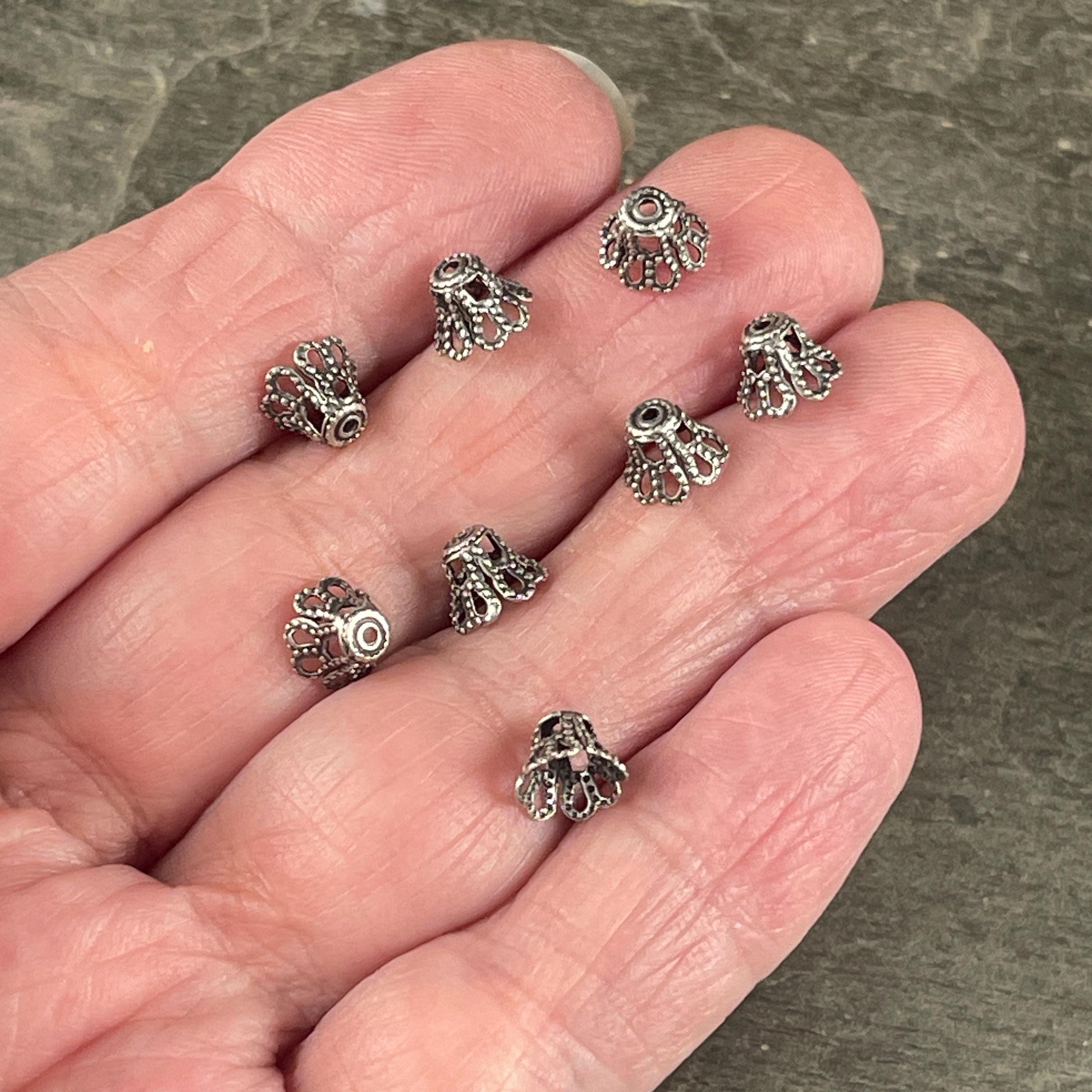 Filigree Bell Shape Bead Caps - 7x5mm Antiqued Silver Flaired Bead Caps (VJS-D92) * Qty. 12