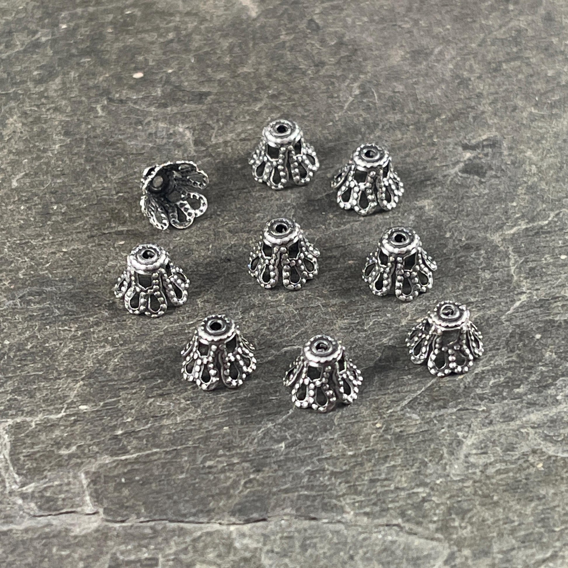 Filigree Bell Shape Bead Caps - 7x5mm Antiqued Silver Flaired Bead Caps (VJS-D92) * Qty. 12