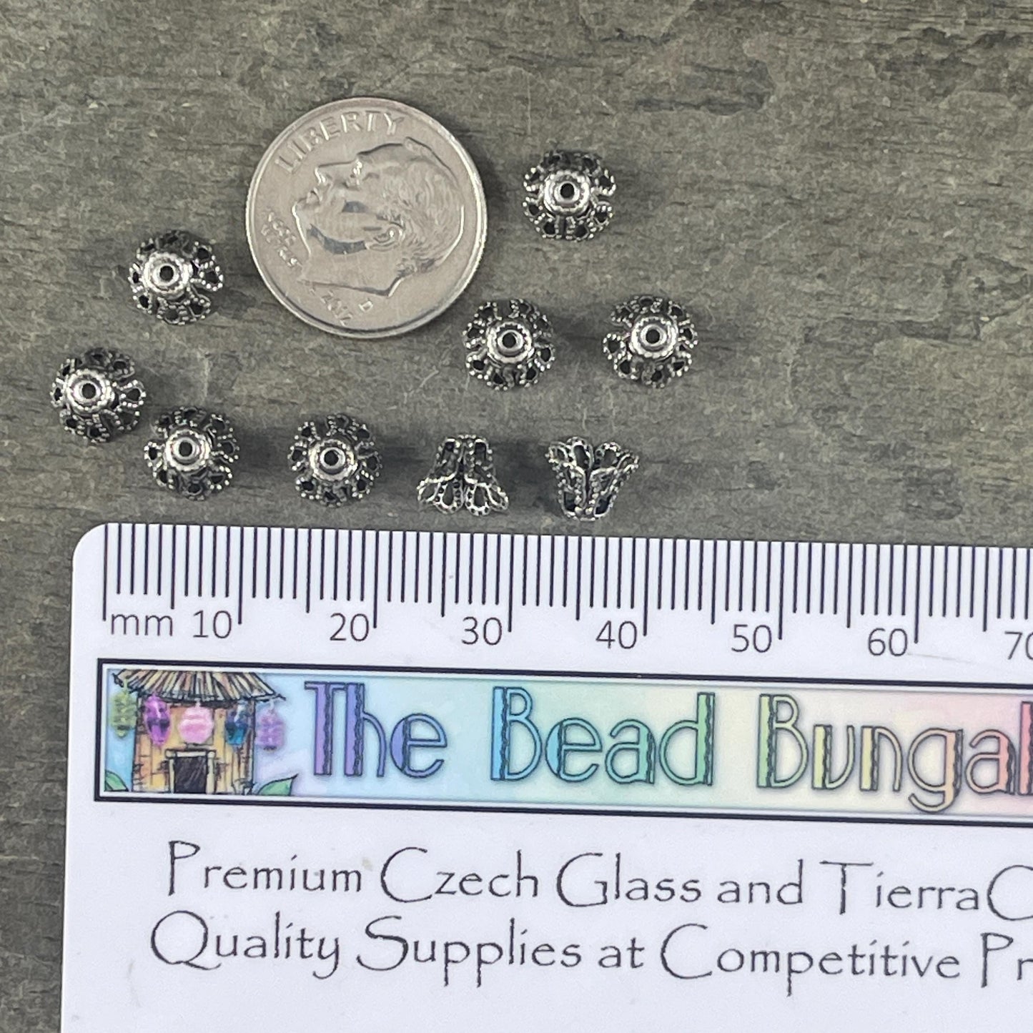 Filigree Bell Shape Bead Caps - 7x5mm Antiqued Silver Flaired Bead Caps (VJS-D92) * Qty. 12