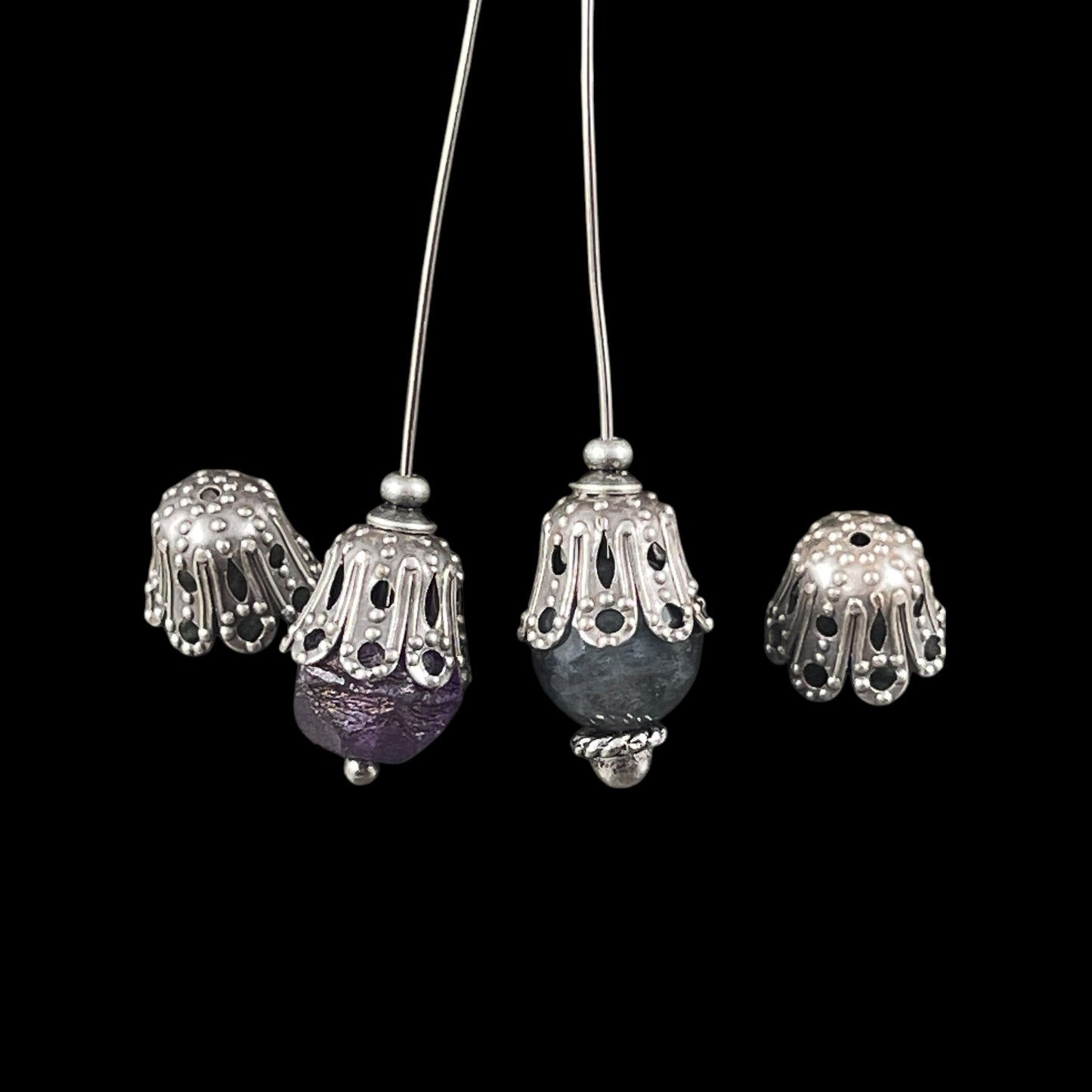 11mm Antiqued Silver Ornate Filigree Bead Caps - Oxidized Silver-Plated Brass Bead Caps (VJS-S62) * Qty. 6