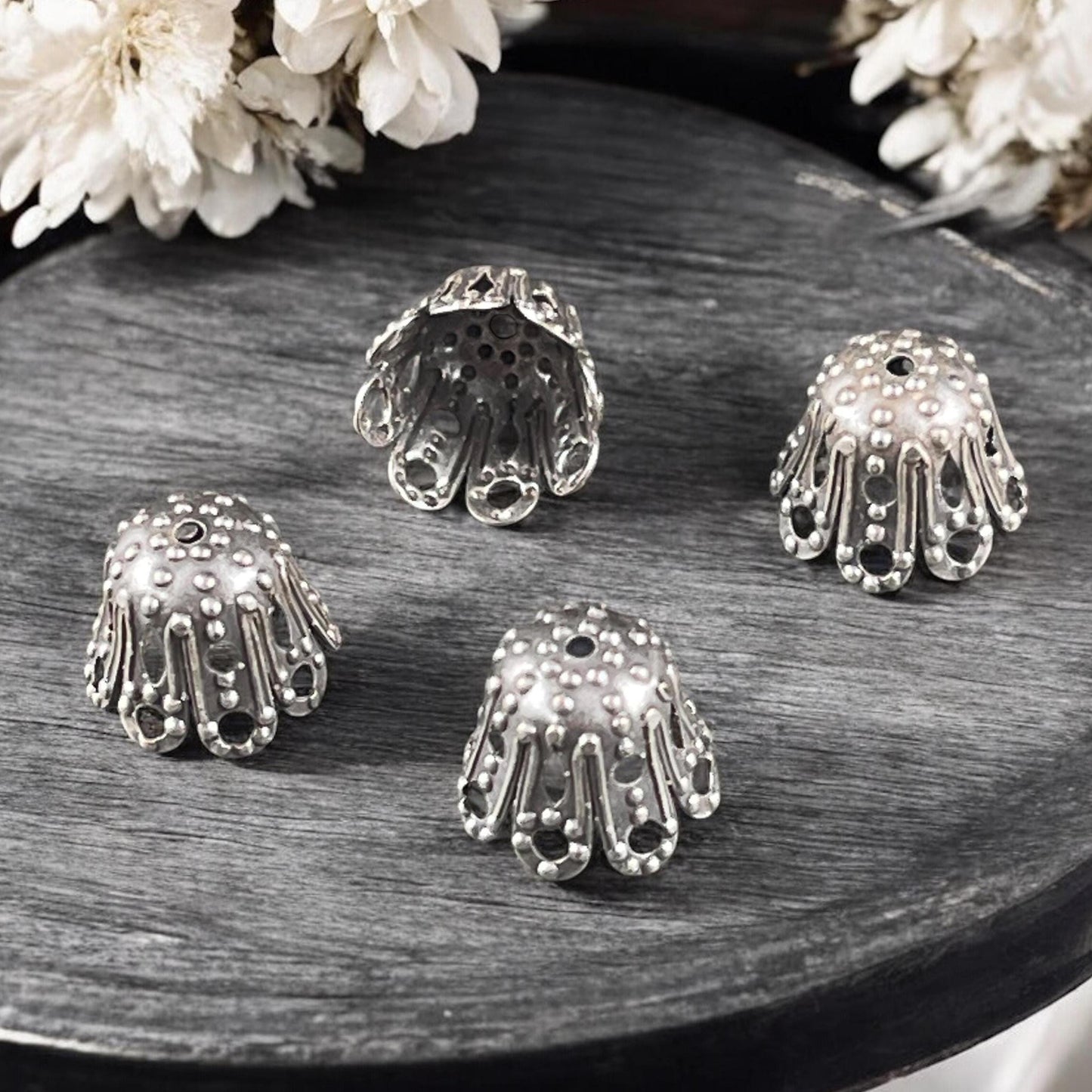 11mm Antiqued Silver Ornate Filigree Bead Caps - Oxidized Silver-Plated Brass Bead Caps (VJS-S62) * Qty. 6