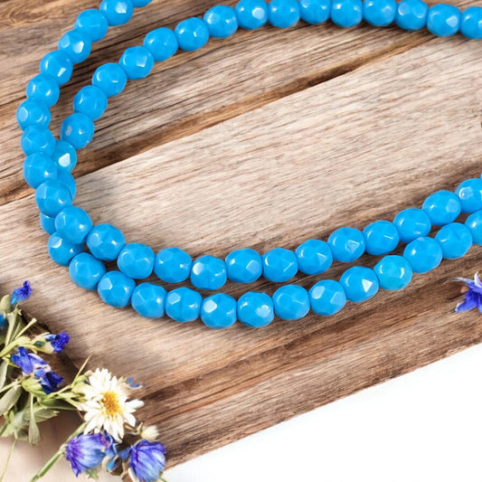 Faceted Turquoise Beads Turquoise Blue Czech Beads 4mm Czech Glass Fire Polished Beads - Opaque Blue Turquoise (FP4/SM-6305) - Qty 50