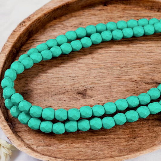 Czech Beads 4mm Czech Glass Fire Polished Beads 4mm Faceted Round Beads - Matte Neon Emerald Green (FP4/SM-25128) - Qty 50