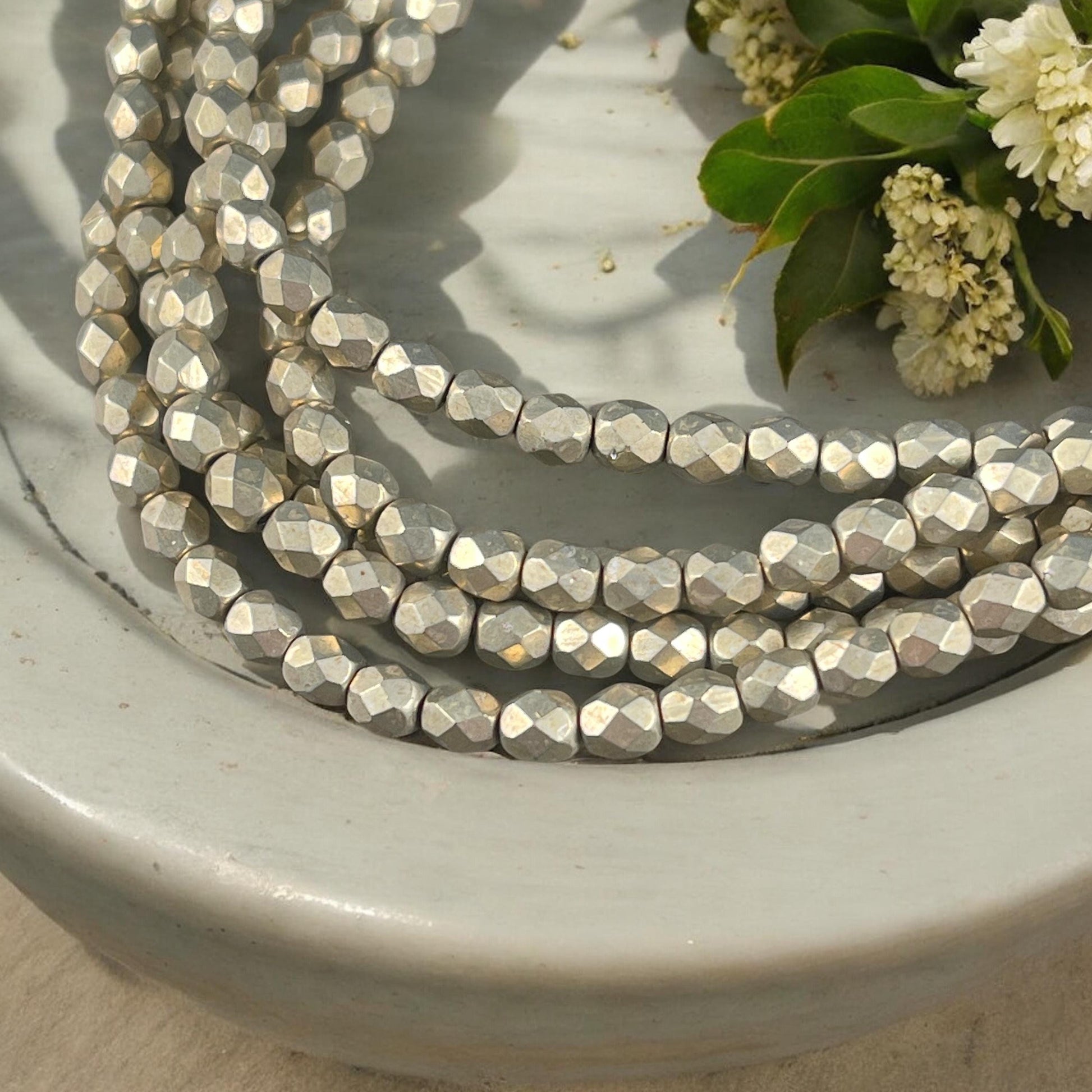 Czech Glass Beads - 4mm Faceted Round Beads, Taupe, Gray-Gold Metallic (FP4/SM-08A05) * Qty. 50