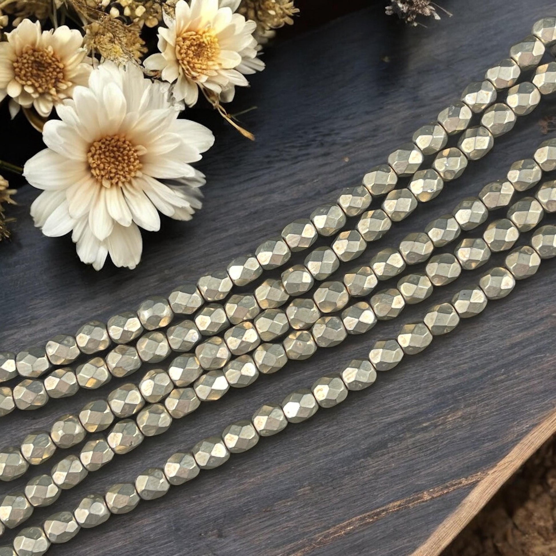 Czech Glass Beads - 4mm Faceted Round Beads, Taupe, Gray-Gold Metallic (FP4/SM-08A05) * Qty. 50
