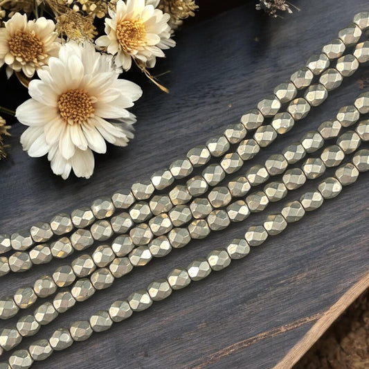 Czech Glass Beads - 4mm Faceted Round Beads, Taupe, Gray-Gold Metallic (FP4/SM-08A05) * Qty. 50