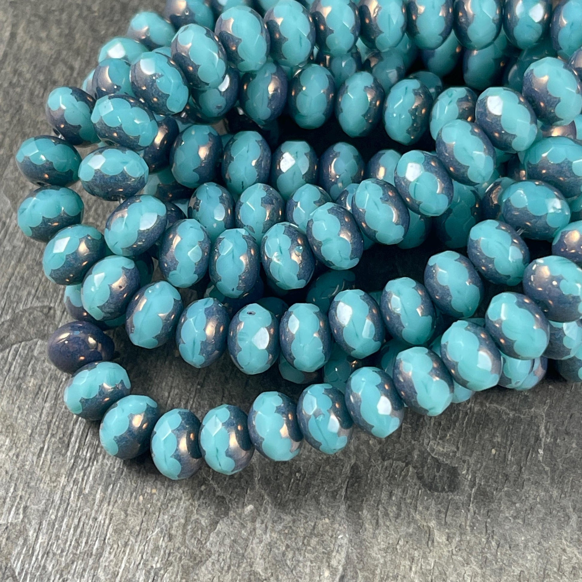 Czech Glass Beads - 5x7mm Sky Blue with Bronze Picasso Beads, Faceted Rondelle (R7/N-0689) * Qty. 25