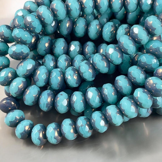 Czech Glass Beads - 5x7mm Sky Blue with Bronze Picasso Beads, Faceted Rondelle (R7/N-0689) * Qty. 25