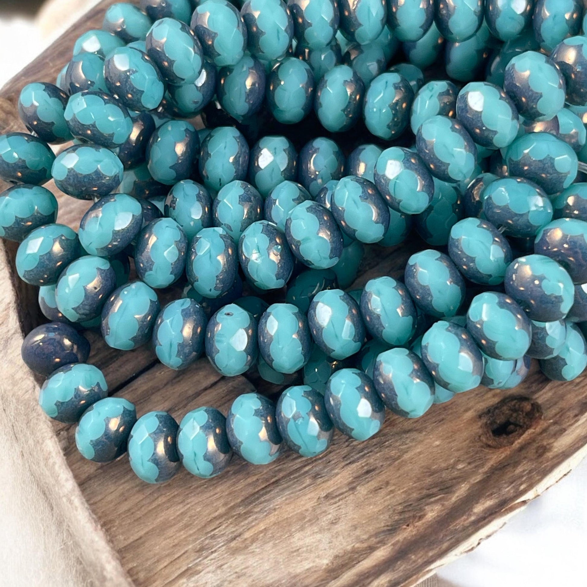 Czech Glass Beads - 5x7mm Sky Blue with Bronze Picasso Beads, Faceted Rondelle (R7/N-0689) * Qty. 25