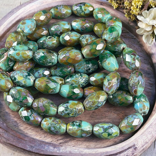 Czech Glass Beads, Turquoise Picasso Beads, 12x8mm Faceted Oval Beads, Blended Two-Tone Blue with Heavy Picasso (FOV/N-0252) * Qty. 8