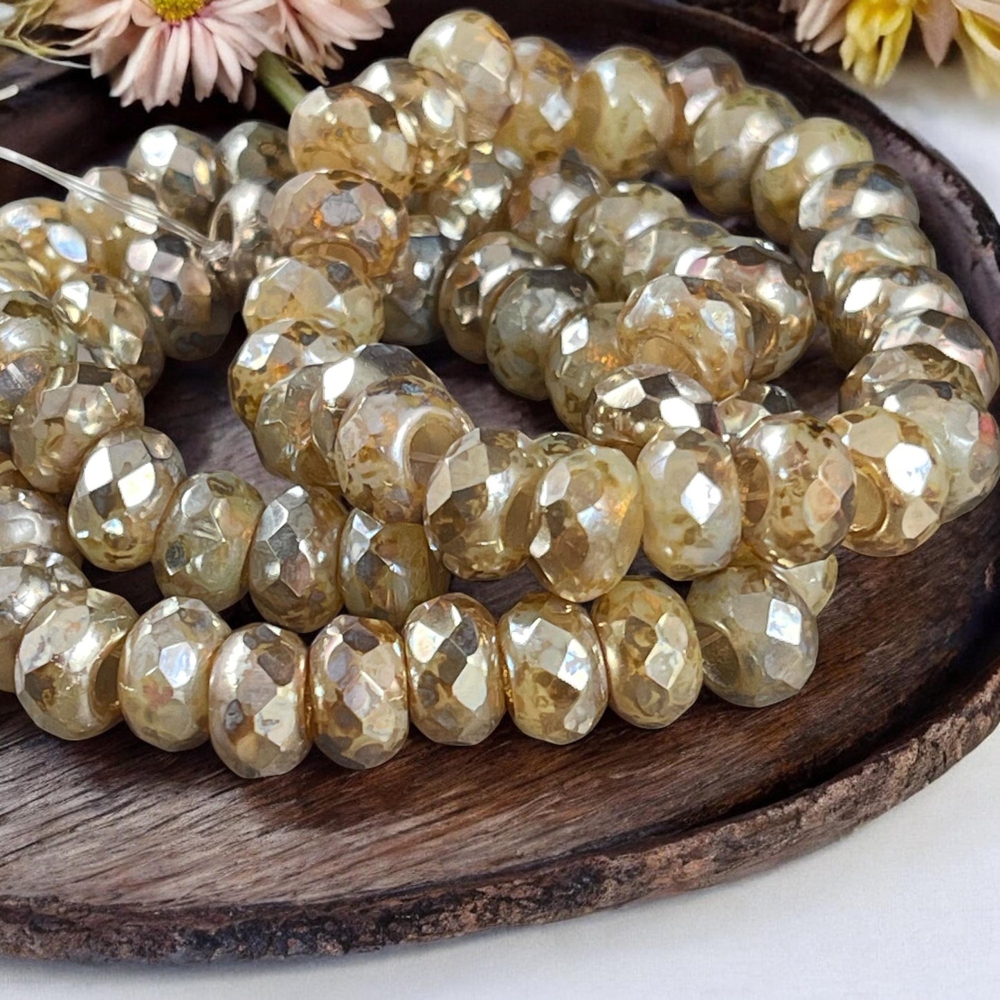 Czech Glass Beads - Large Hole Rondelles, 9x6mm Roller Beads with 3.5mm hole, Champagne Beige with AB (ROL/N-0761) * Qty. 12