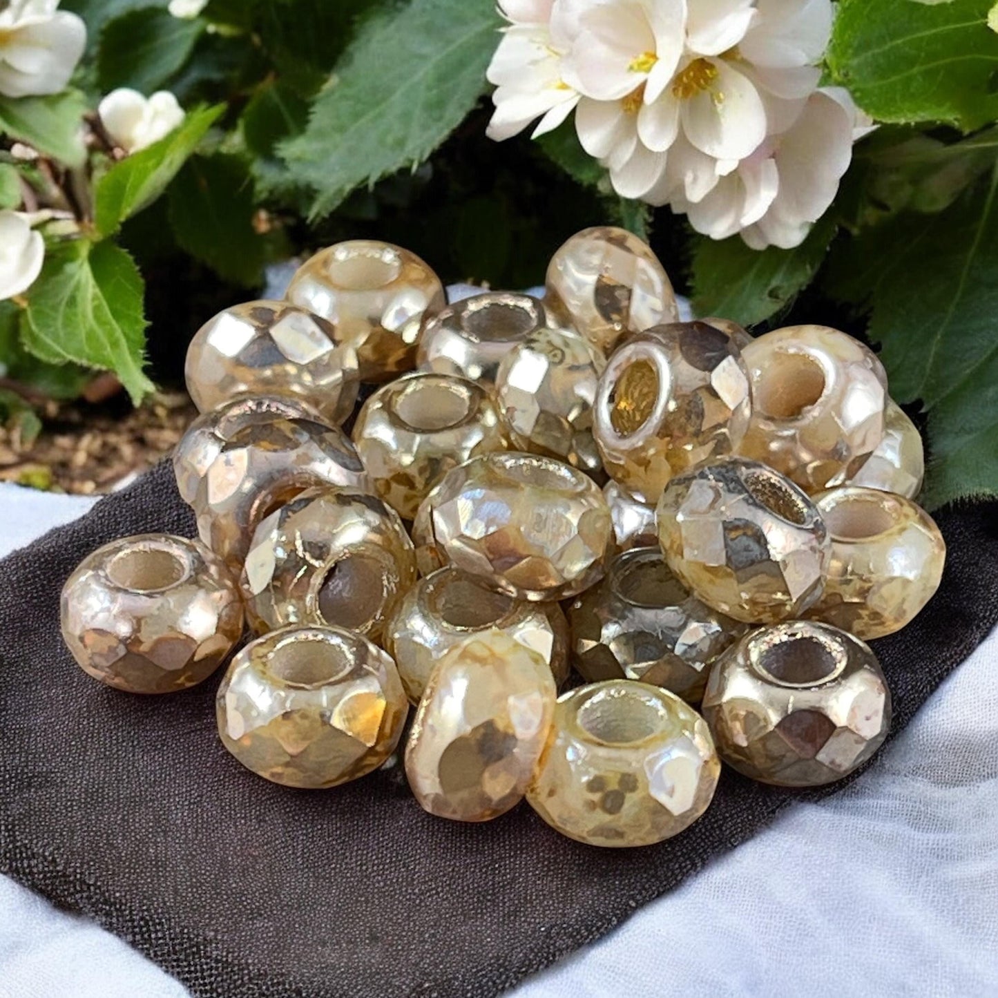 Czech Glass - 9x6mm Large Hole Rondelles with 3.5mm hole, Champagne Beige AB (ROL/N-0761) * 25 Beads