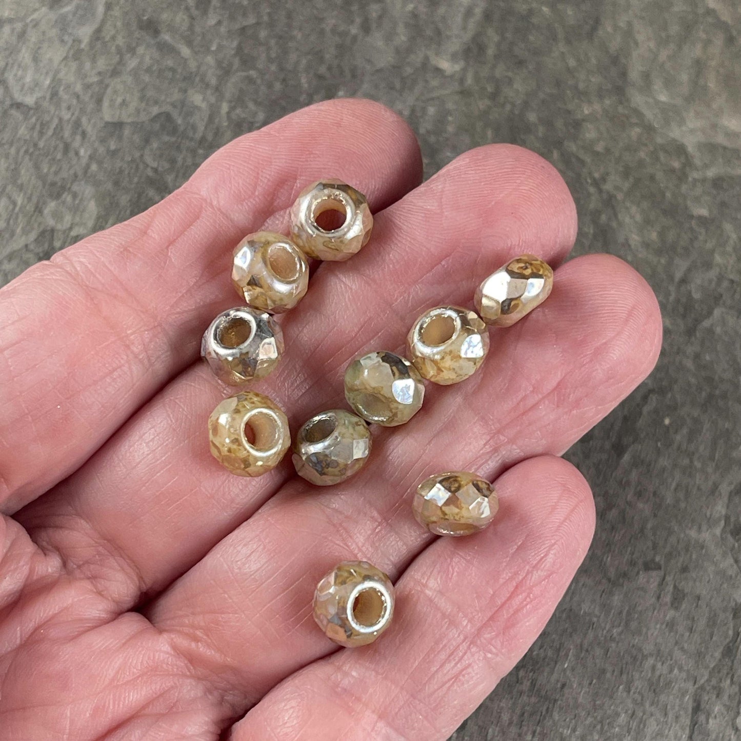 Czech Glass Beads - Large Hole Rondelles, 9x6mm Roller Beads with 3.5mm hole, Champagne Beige with AB (ROL/N-0761) * Qty. 12