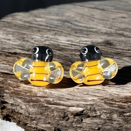 Bee Beads, 13mm Yellow and Black Bumble Bees, Lamp Work Beads - Select Pair or Individual from Options