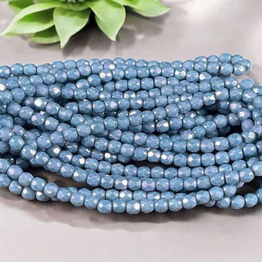 Czech Glass Beads - 4mm Opaque Slate Blue Luster Faceted Glass Beads (FP4/N-124) * Qty. 50