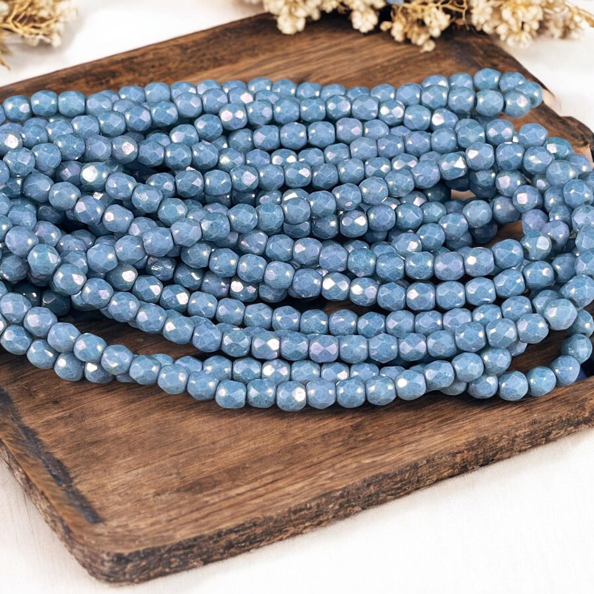 Czech Glass Beads - 4mm Faceted Round, Opaque Slate Blue Luster (FP4/N-124) * Qty. 50