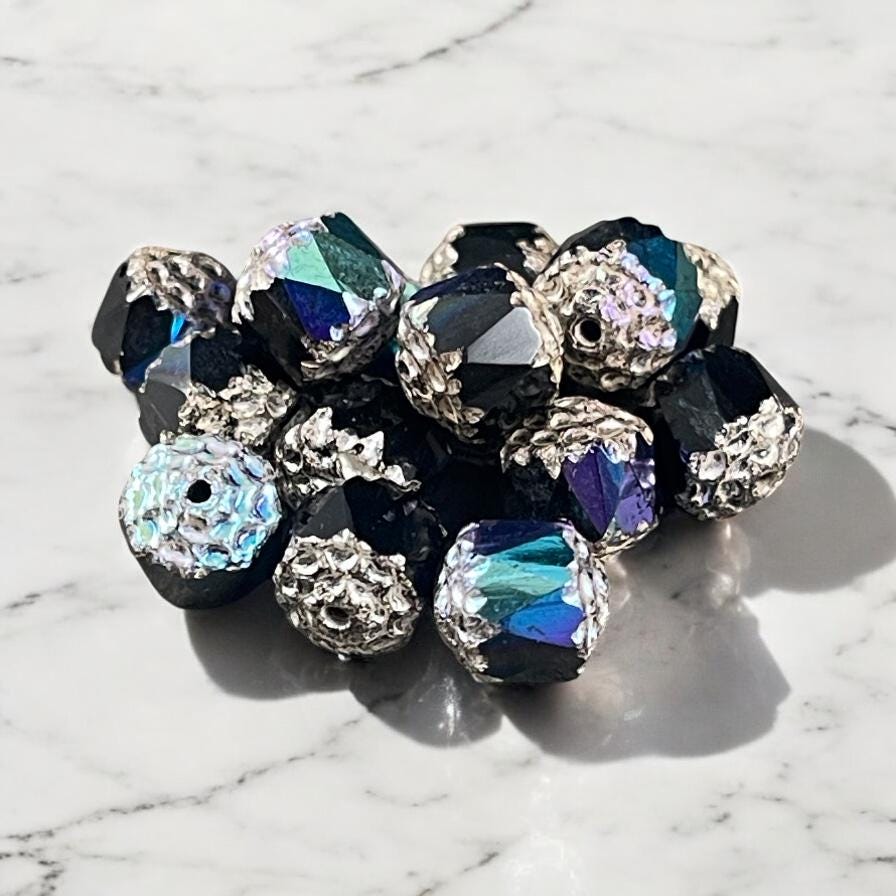 Czech Glass Beads - 8mm Cathedral Faceted Glass Beads, Black with AB and Silver Picasso (CT8/N-014) * Qty. 15