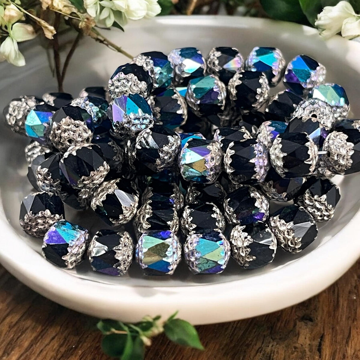 Czech Glass Beads - 8mm Cathedral Faceted Glass Beads, Black with AB and Silver Picasso (CT8/N-014) * Qty. 15