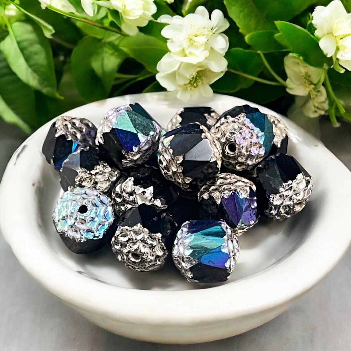 Czech Glass Beads - 8mm Cathedral Faceted Glass Beads, Black with AB and Silver Picasso (CT8/N-014) * Qty. 15
