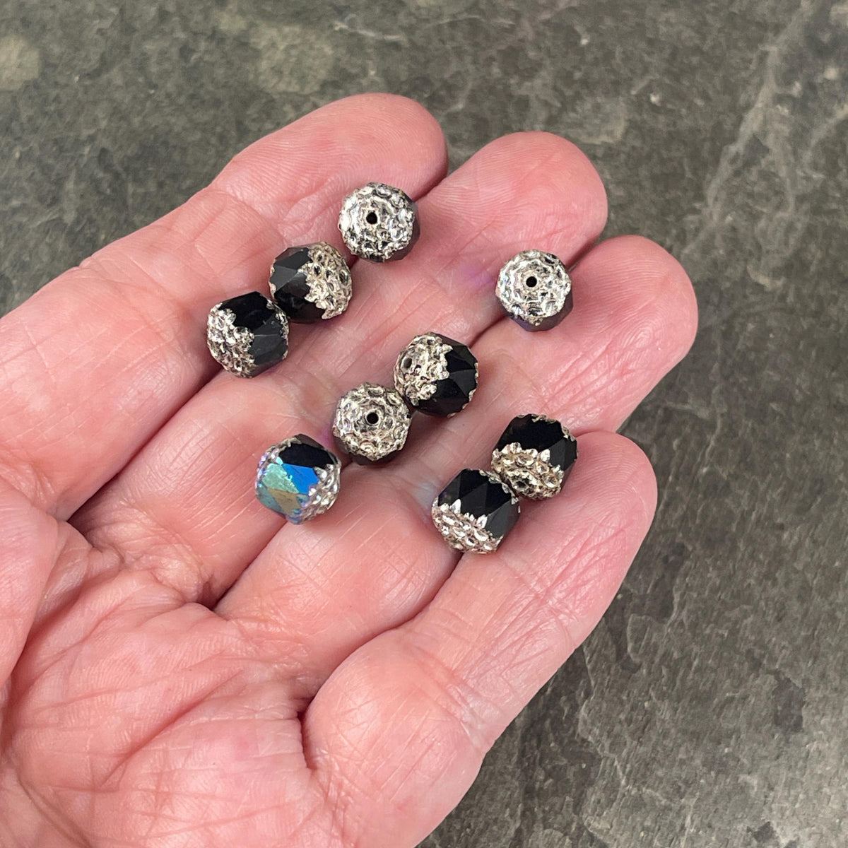 Czech Glass Beads - 8mm Cathedral Faceted Glass Beads, Black with AB and Silver Picasso (CT8/N-014) * Qty. 15