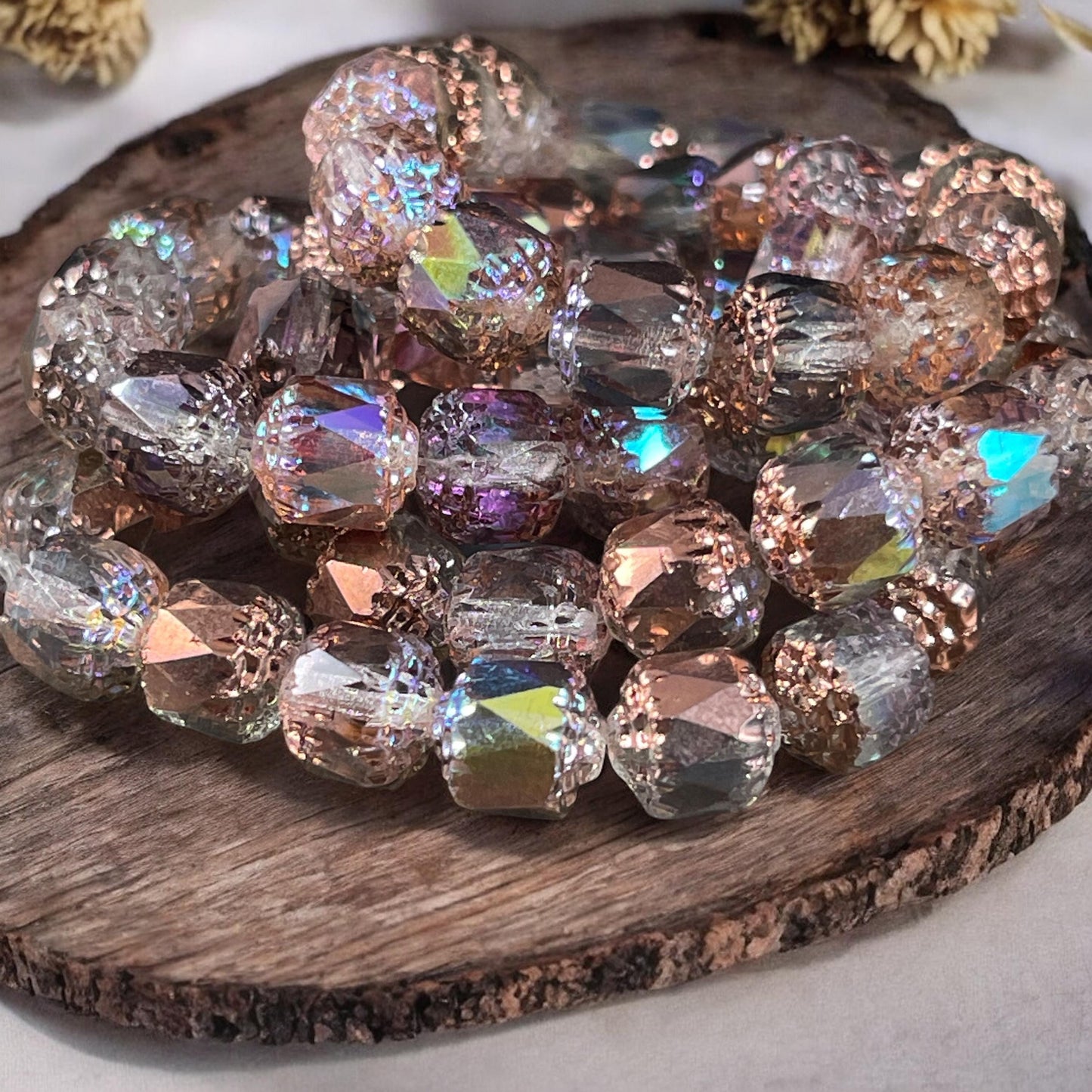 Czech Glass Beads - 8mm Cathedral Faceted Glass Beads, Transparent with Copper Half-Coat and AB Finish (CT8/N-026) * Qty. 15