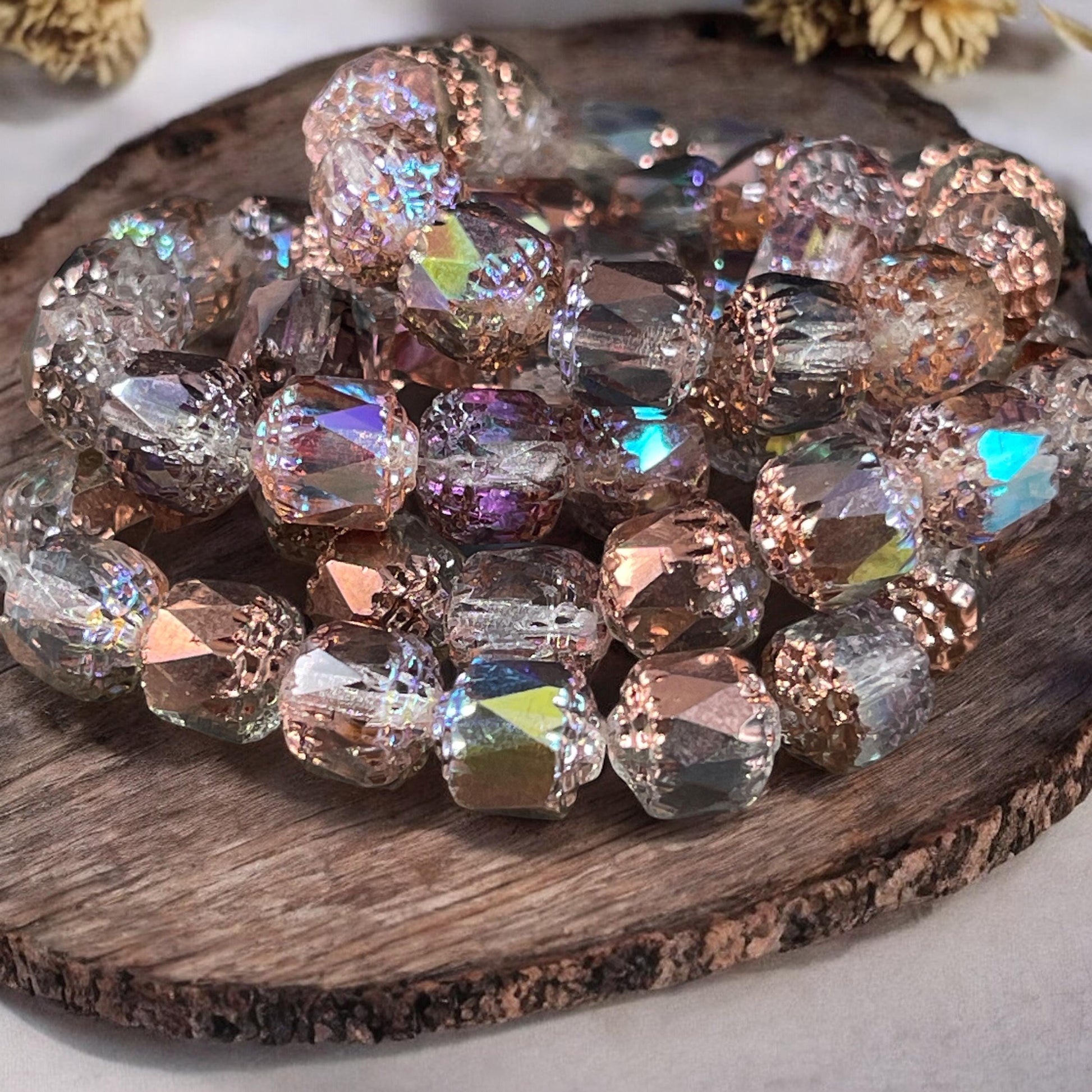 Czech Glass Beads - 8mm Cathedral Faceted Glass Beads, Transparent with Copper Half-Coat and AB Finish (CT8/N-026) * Qty. 15