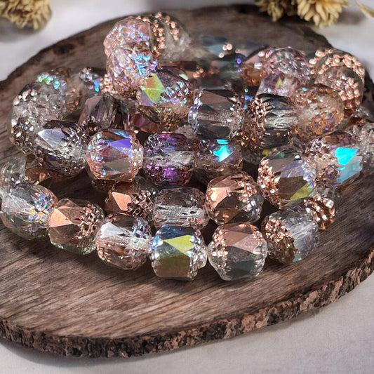 Czech Glass Beads - 8mm Cathedral Faceted Glass Beads, Transparent with Copper Half-Coat and AB Finish (CT8/N-026) * Qty. 15