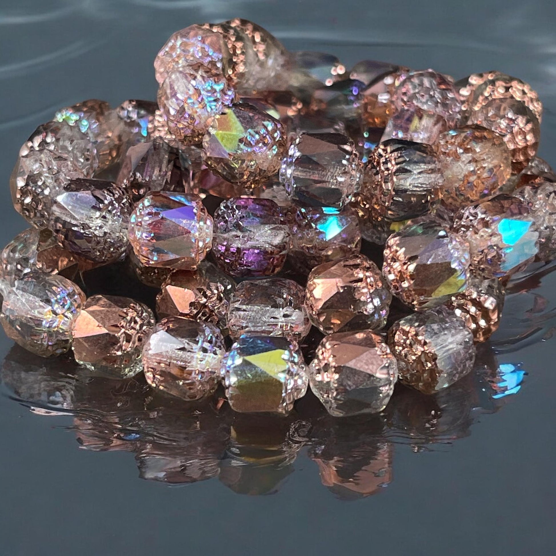 Czech Glass Beads - 8mm Cathedral Faceted Glass Beads, Transparent with Copper Half-Coat and AB Finish (CT8/N-026) * Qty. 15