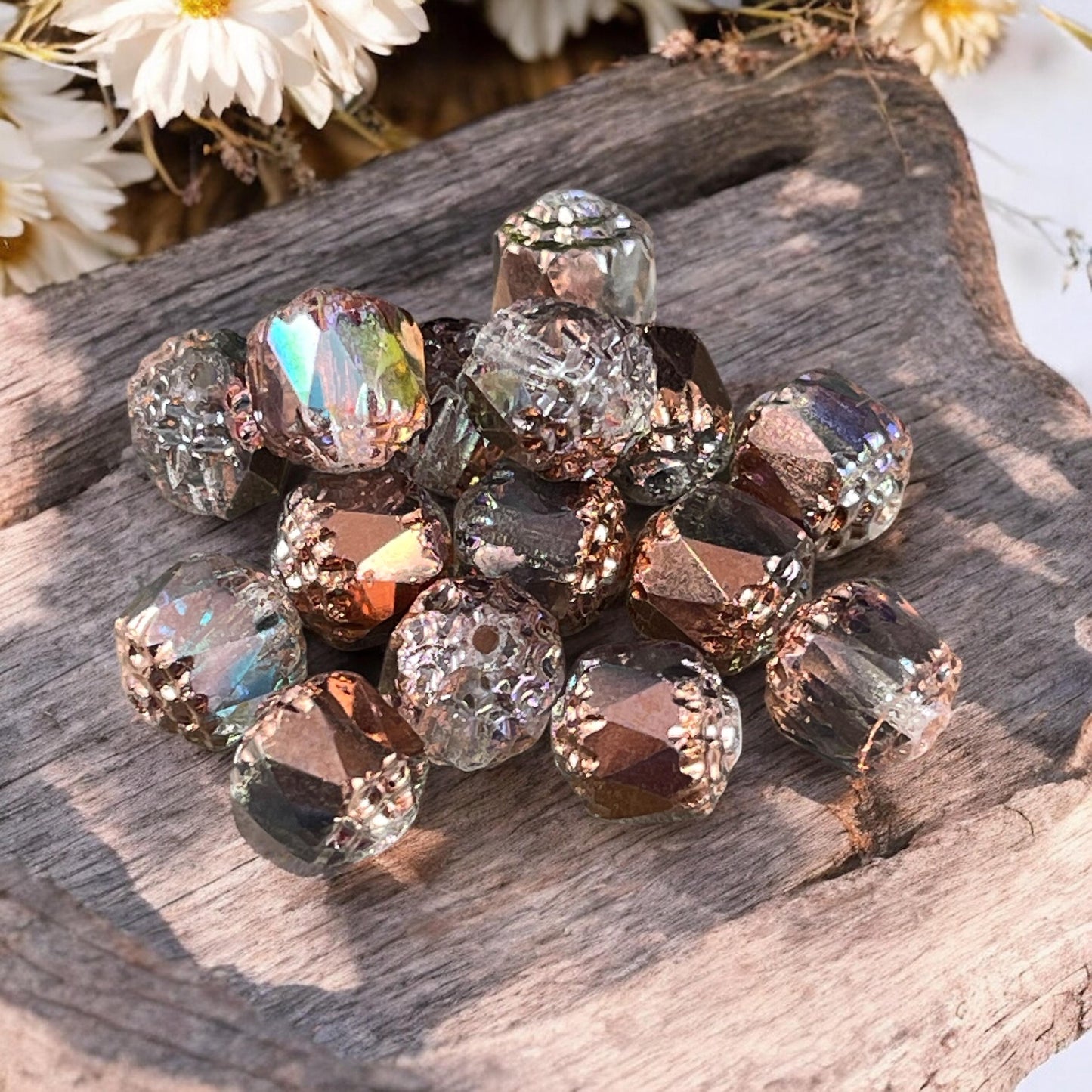Czech Glass Beads - 8mm Cathedral Faceted Glass Beads, Transparent with Copper Half-Coat and AB Finish (CT8/N-026) * Qty. 15